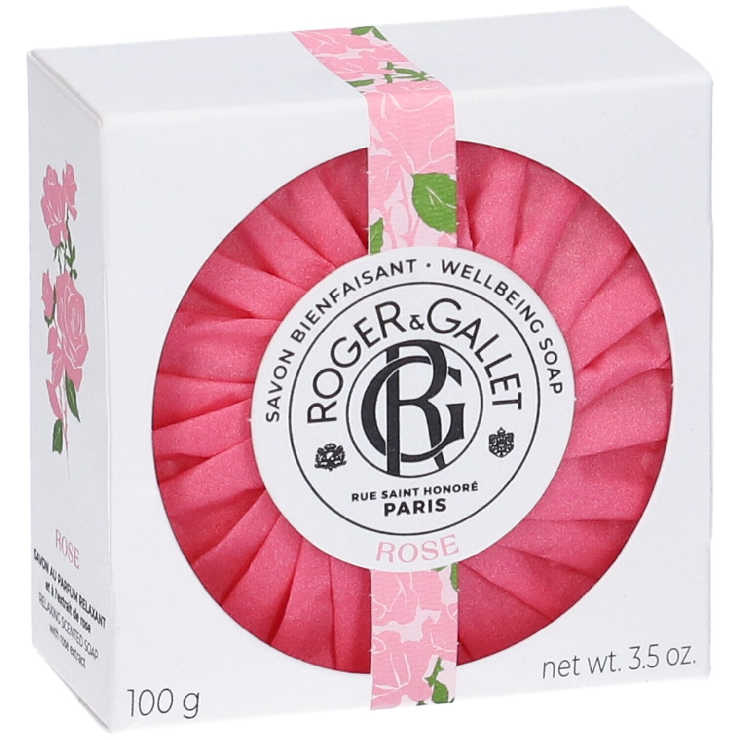 Sapone rosa rotondo in scatola bianca. Scritta: ROGER & GALLET, ROSE. Con nastro rosa.