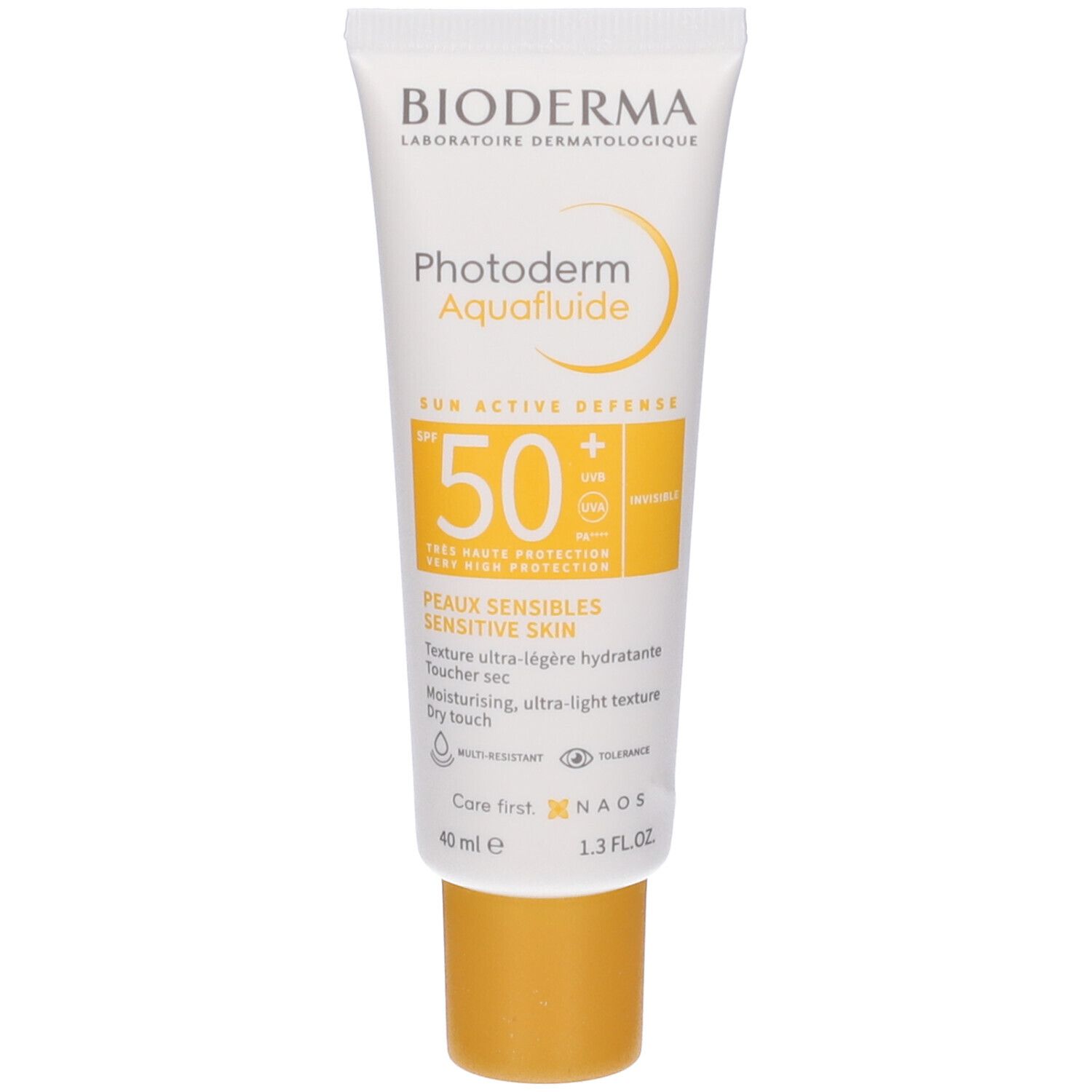 Tubo di crema solare Bioderma Photoderm Aquafluide SPF 50+. Per pelli sensibili. Tappo giallo. Testo in francese.