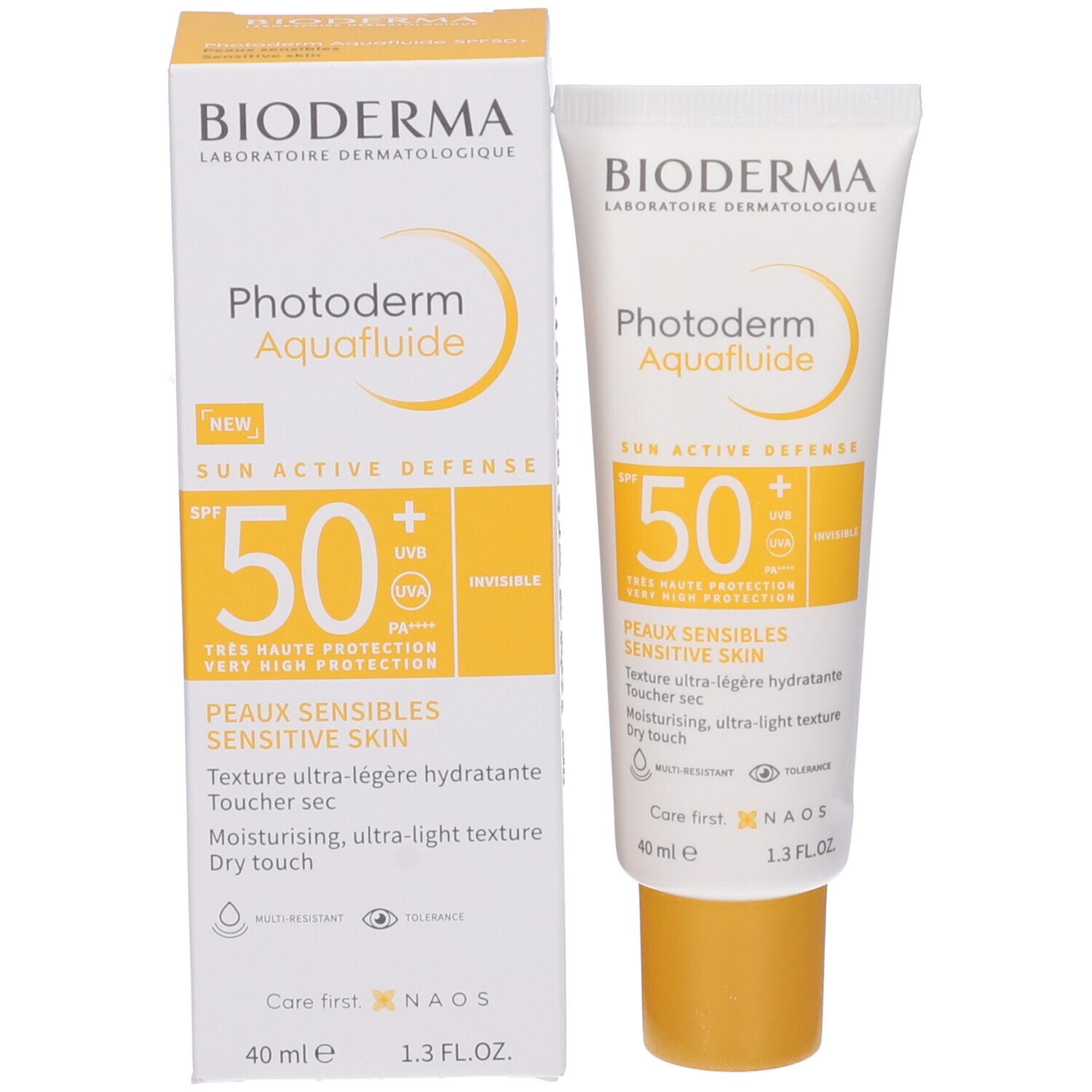 Crema solare Bioderma Photoderm Aquafluide SPF 50+. Tubo e scatola. Per pelli sensibili. Confezione giallo-bianca.