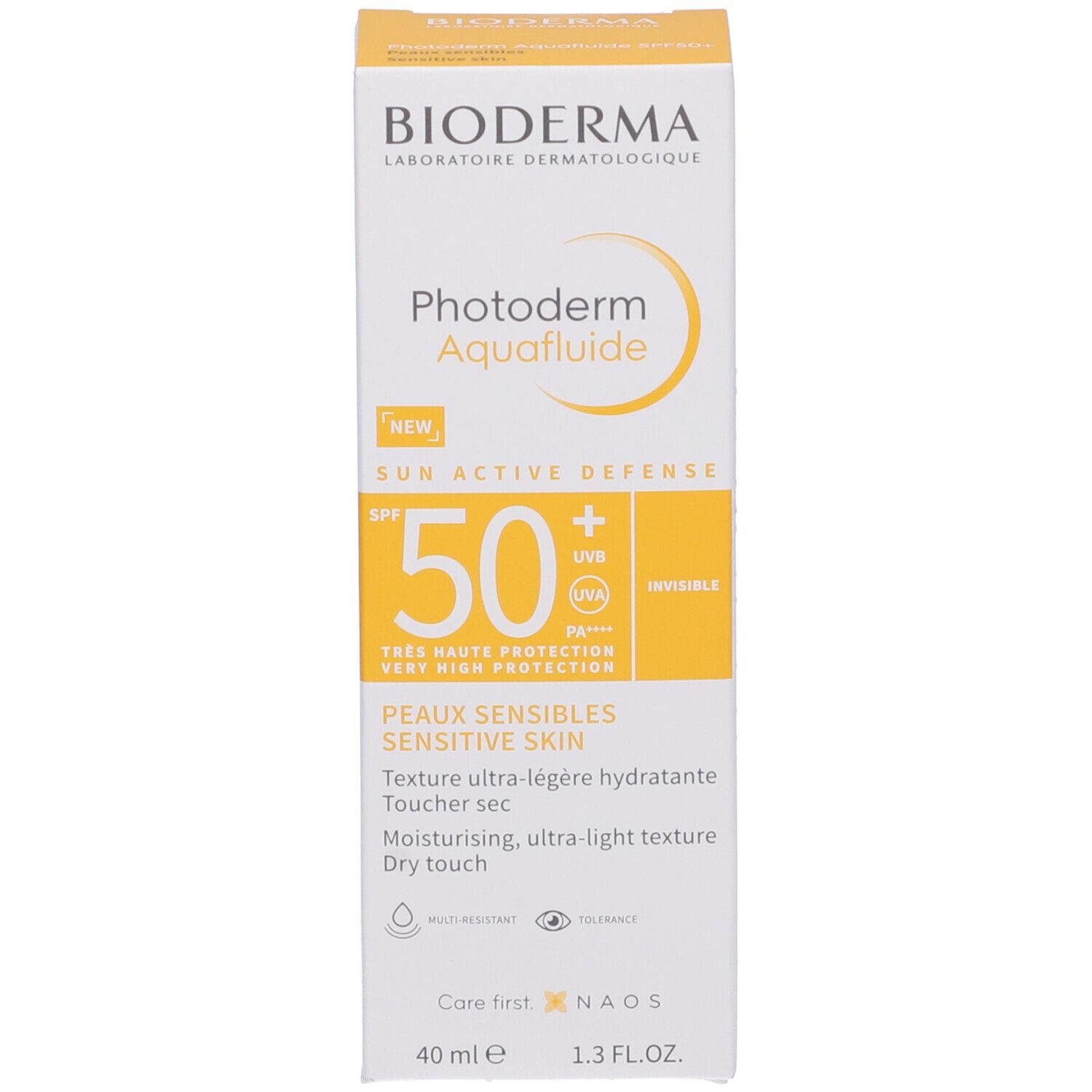 Scatola di Bioderma Photoderm Aquafluide SPF 50+. Per pelli sensibili. Confezione giallo-bianca. Testo in francese.