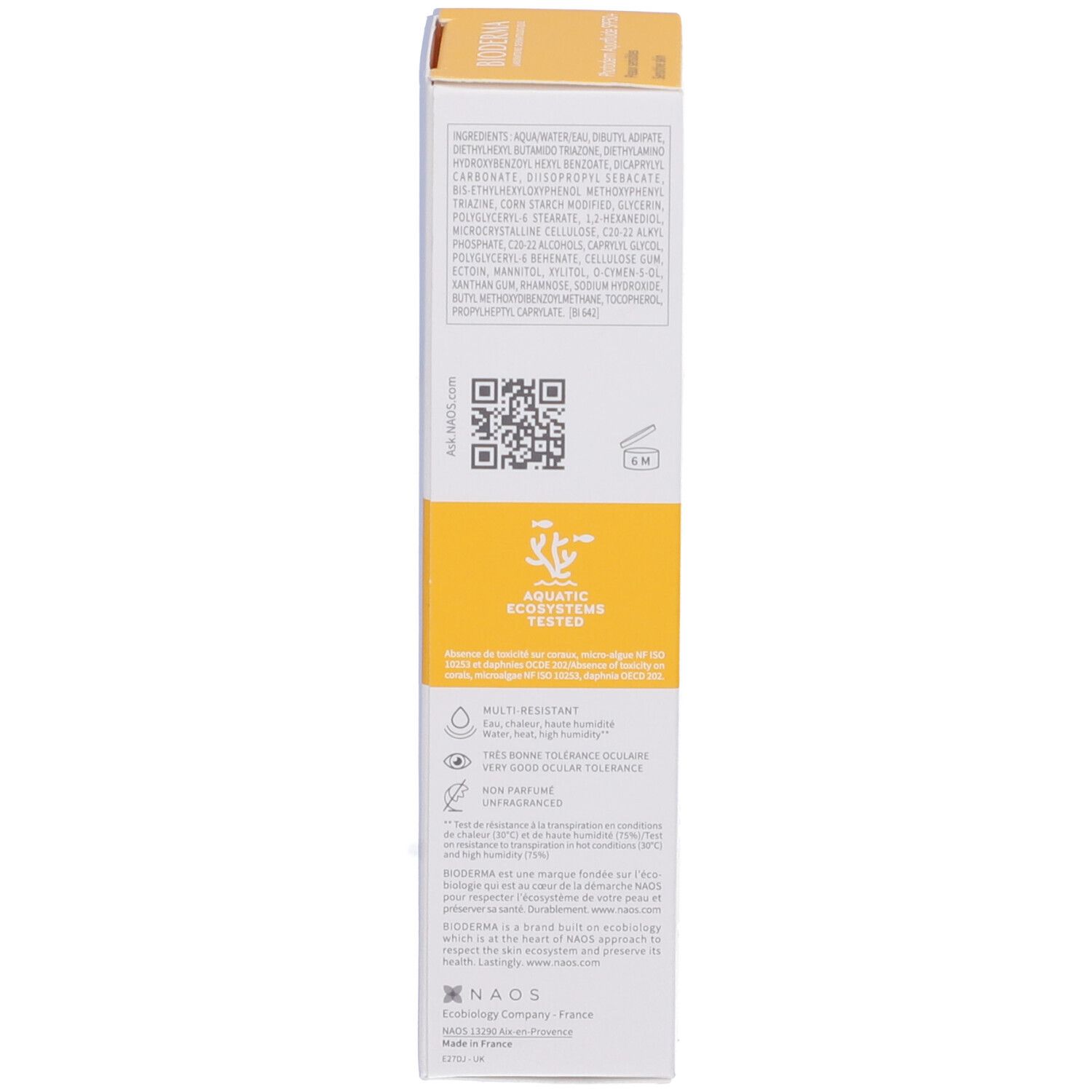 Lato della scatola con ingredienti e informazioni. Confezione giallo-bianca. Testo in francese.
