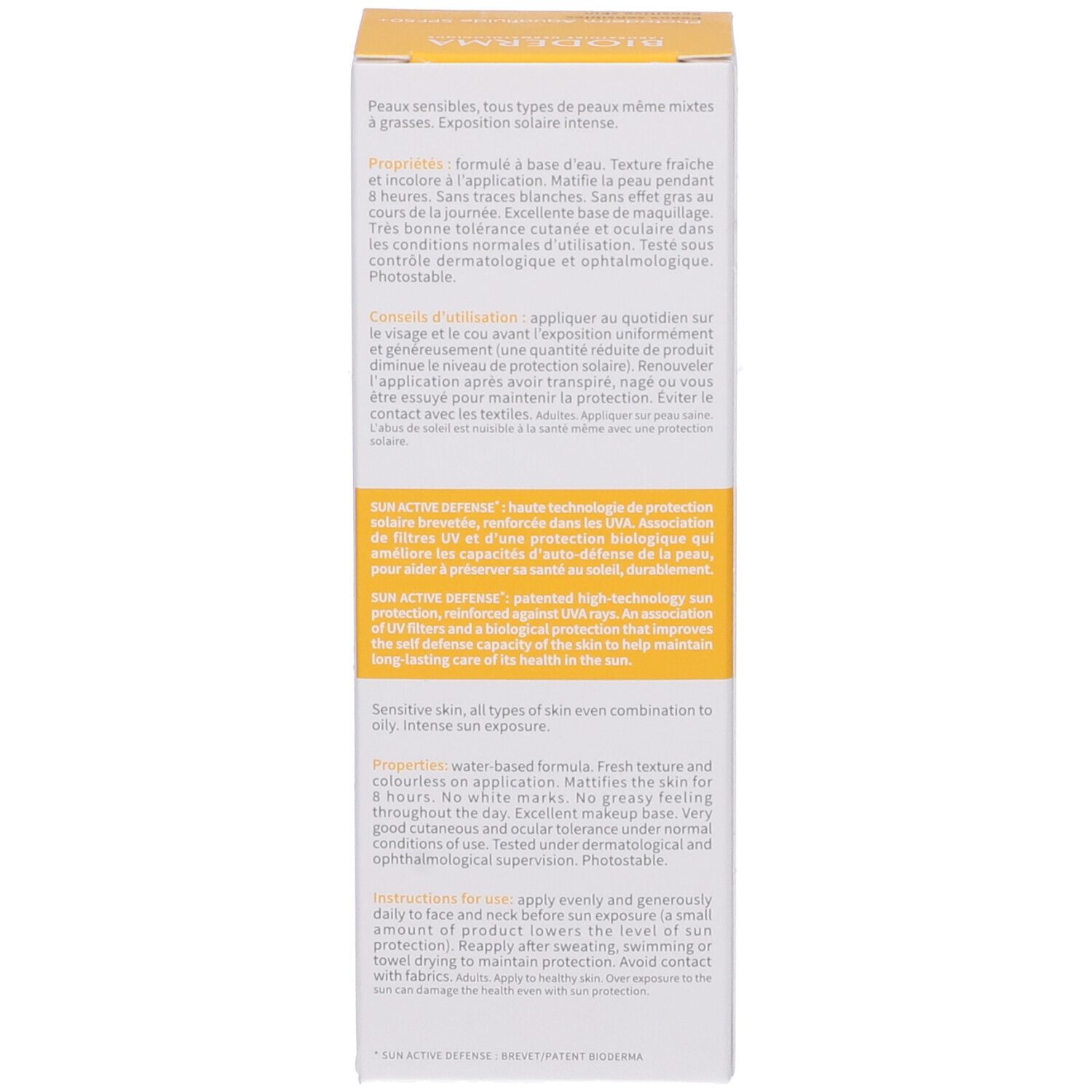 Lato della scatola con informazioni sul prodotto. Confezione giallo-bianca. Testo in francese.