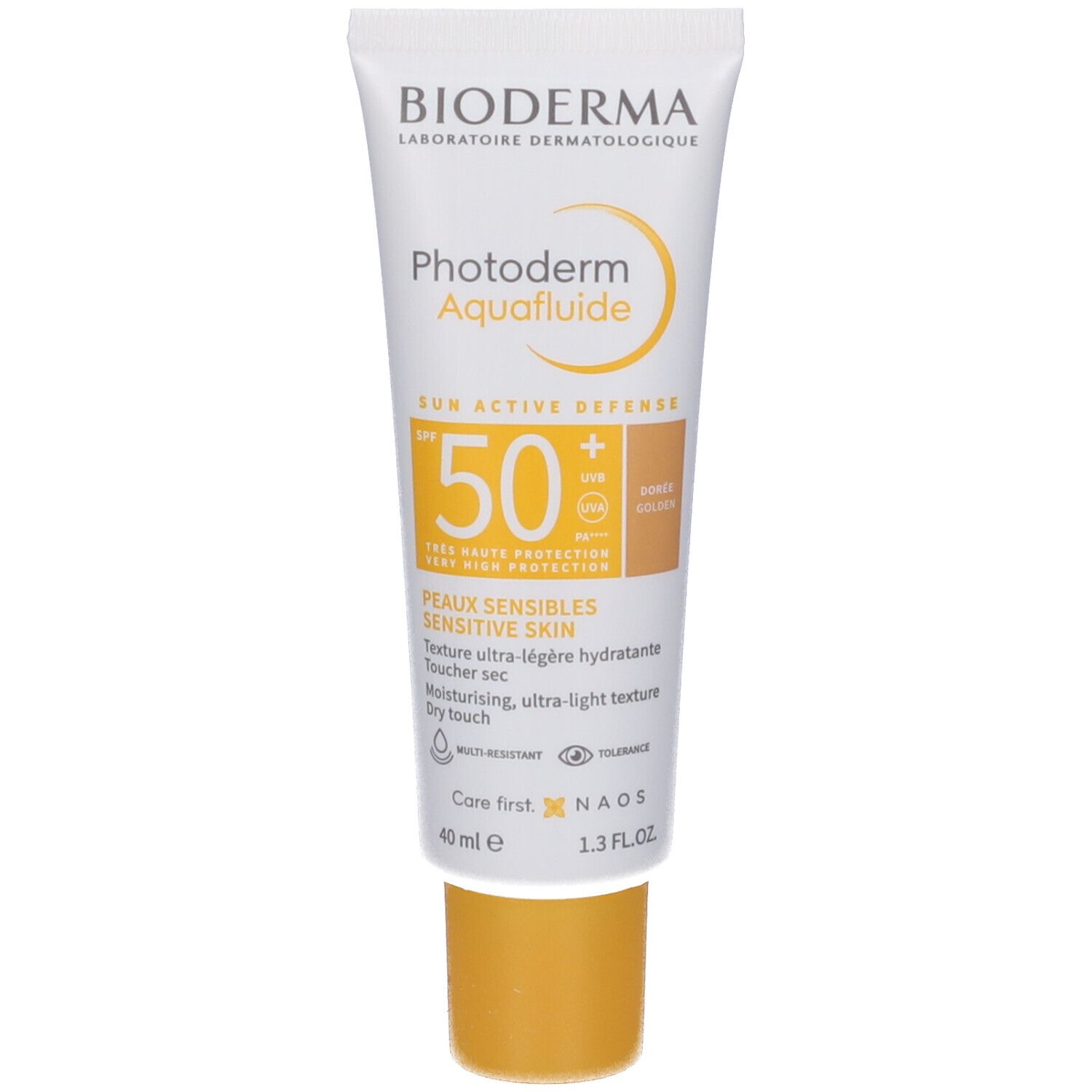 Tubo Bioderma Photoderm Aquafluide SPF50+. Tubo bianco, tappo giallo. Scritte e logo.