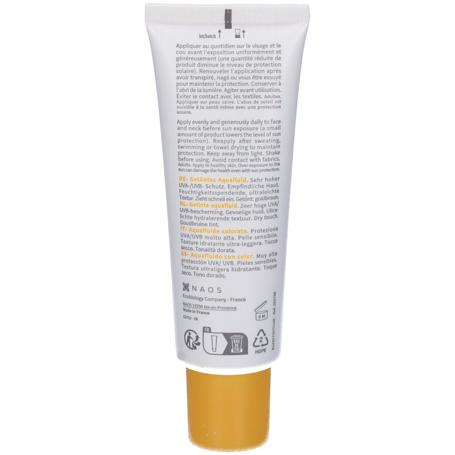 Retro del tubo Bioderma Photoderm Aquafluide SPF50+. Testo multilingue.