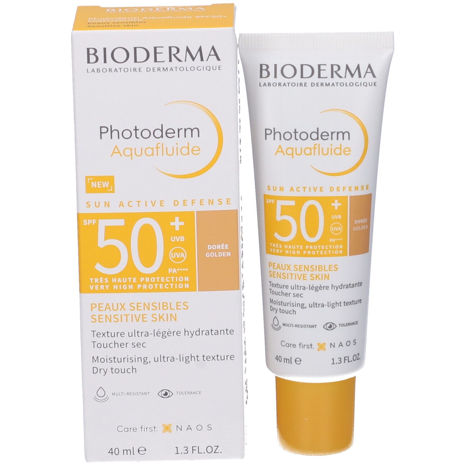 Tubo e confezione Bioderma Photoderm Aquafluide SPF50+. Bianco e giallo. Testo e logo.