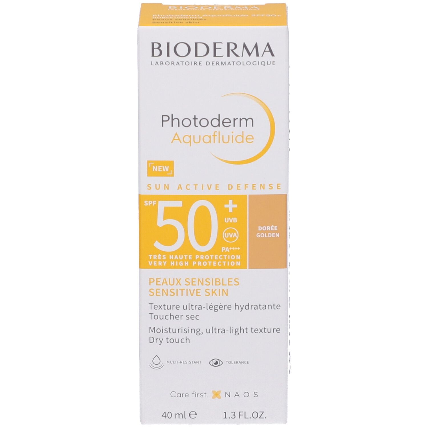 Confezione Bioderma Photoderm Aquafluide SPF50+. Bianco e giallo. Testo e logo.