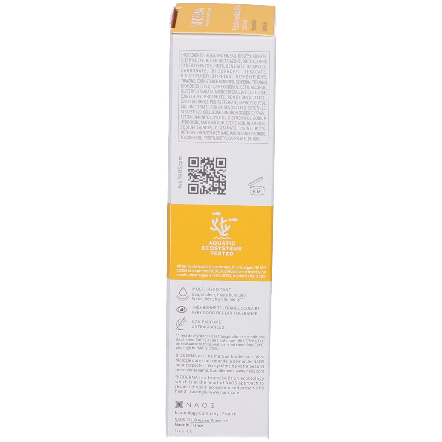 Confezione Bioderma Photoderm Aquafluide SPF50+. Testo, codice QR e loghi.