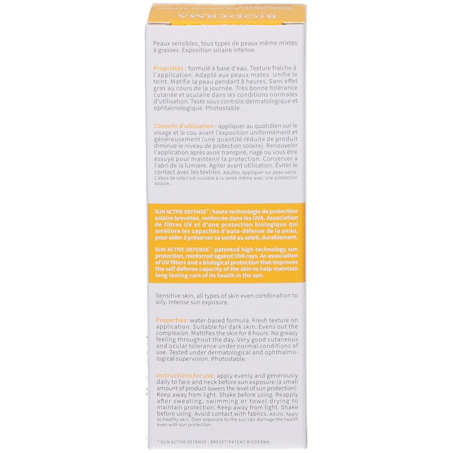 Confezione Bioderma Photoderm Aquafluide SPF50+. Testo multilingue.