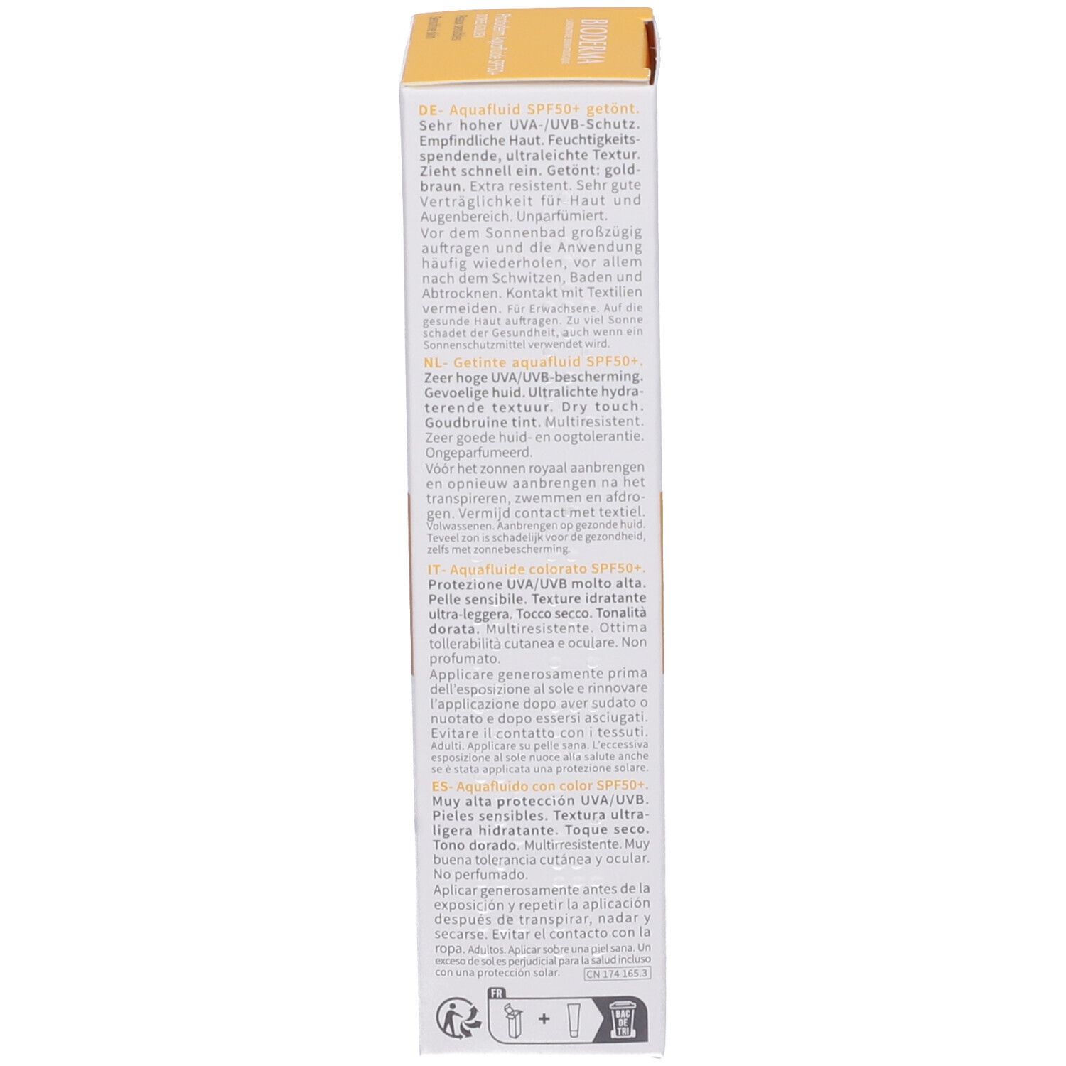 Confezione Bioderma Photoderm Aquafluide SPF50+. Testo multilingue.