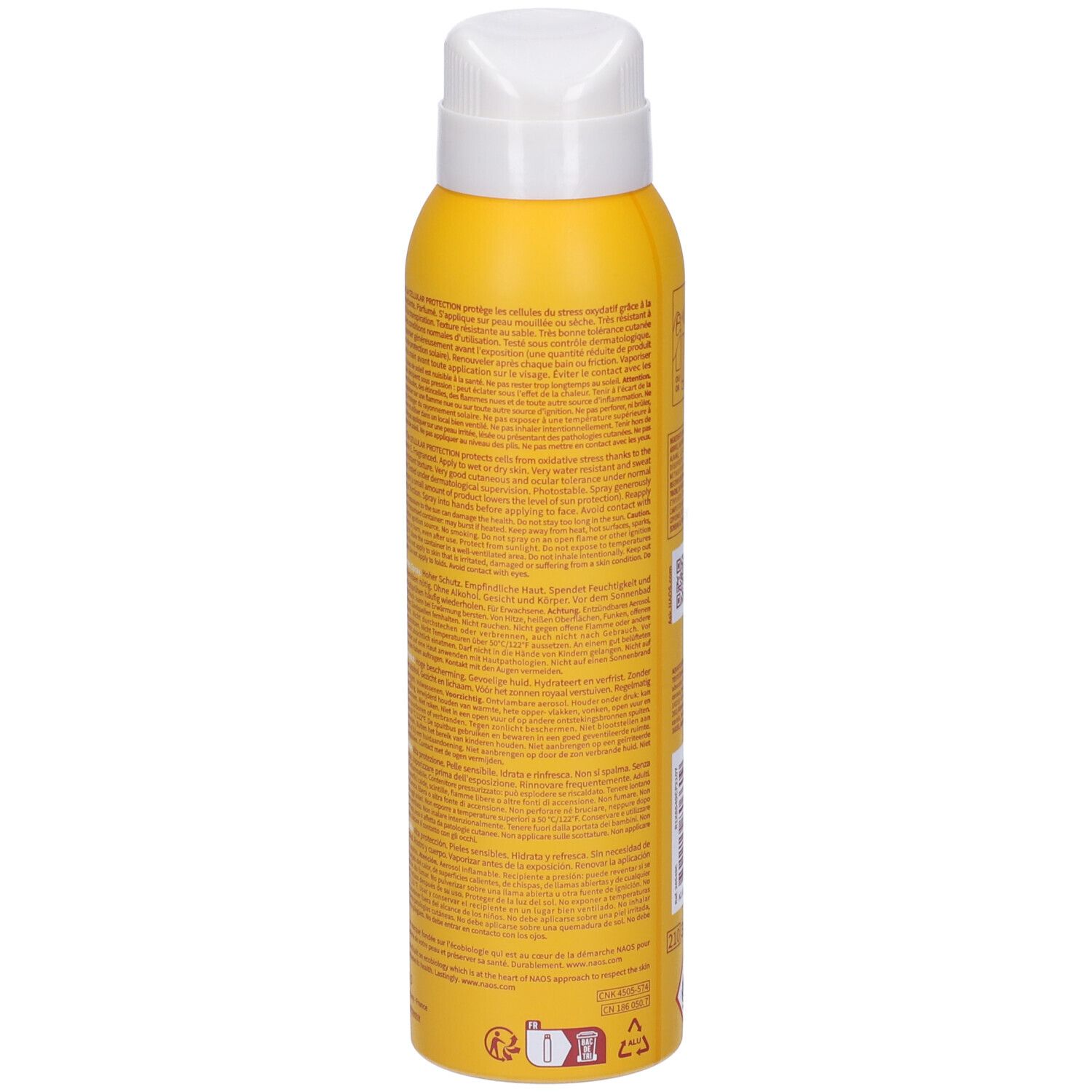 Retro del flacone spray giallo. Informazioni testuali, avvertenze, ingredienti, informazioni produttore.