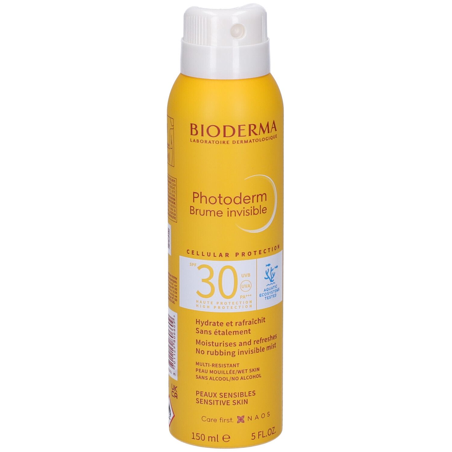 Flacone spray giallo con erogatore bianco. Scritta: Bioderma, Photoderm Brume invisible, SPF 30. Per pelli sensibili.