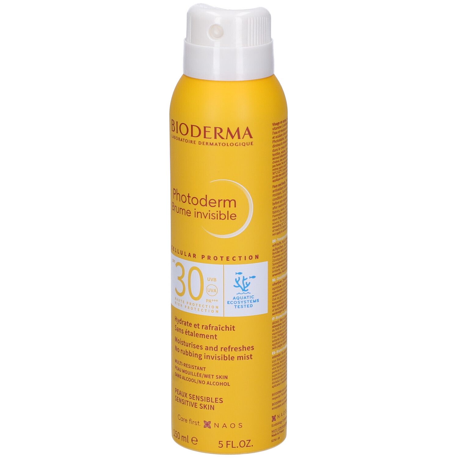 Flacone spray giallo con erogatore bianco. Scritta: Bioderma, Photoderm Brume invisible, SPF 30. Per pelli sensibili.