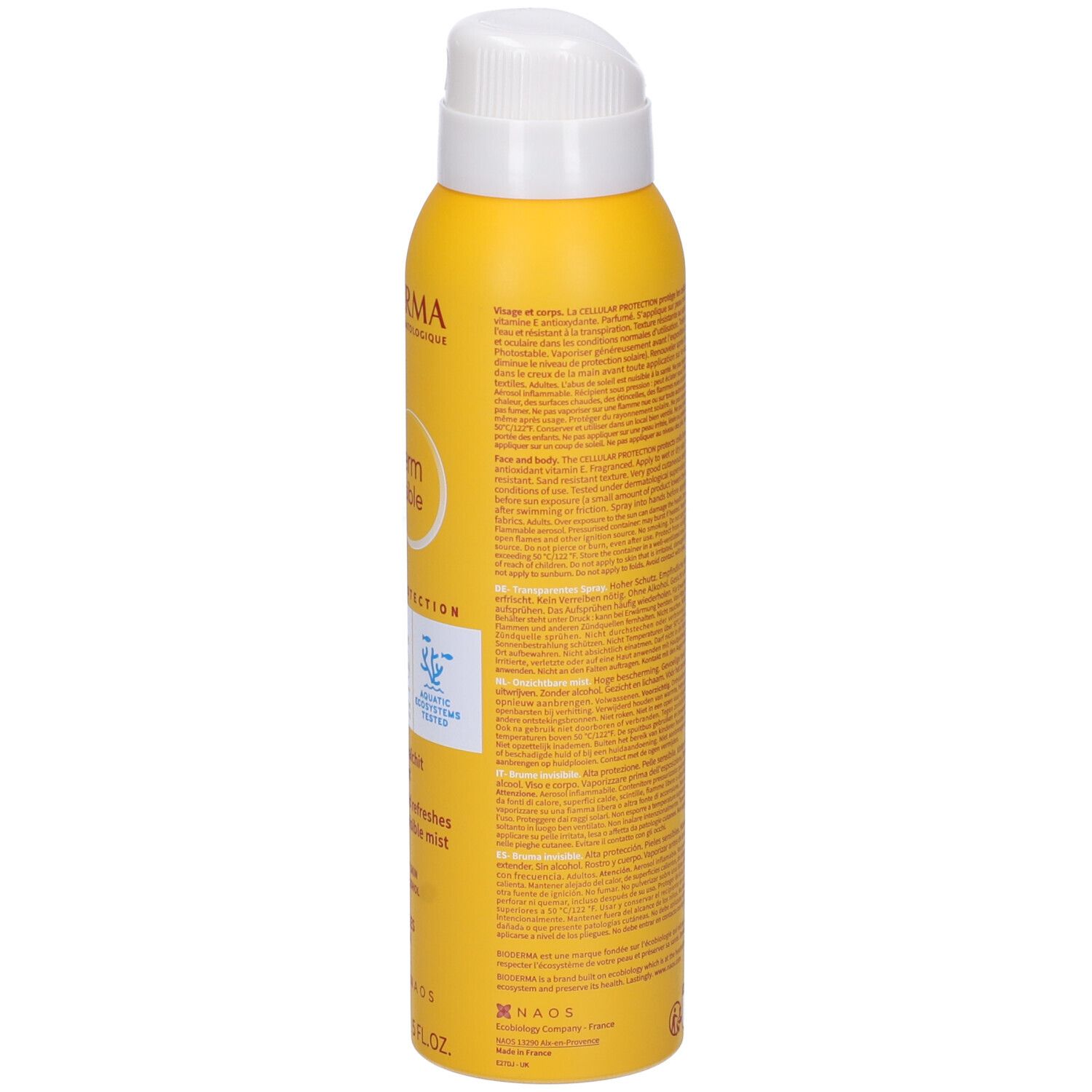Retro del flacone spray giallo. Informazioni testuali, avvertenze, ingredienti, informazioni produttore.