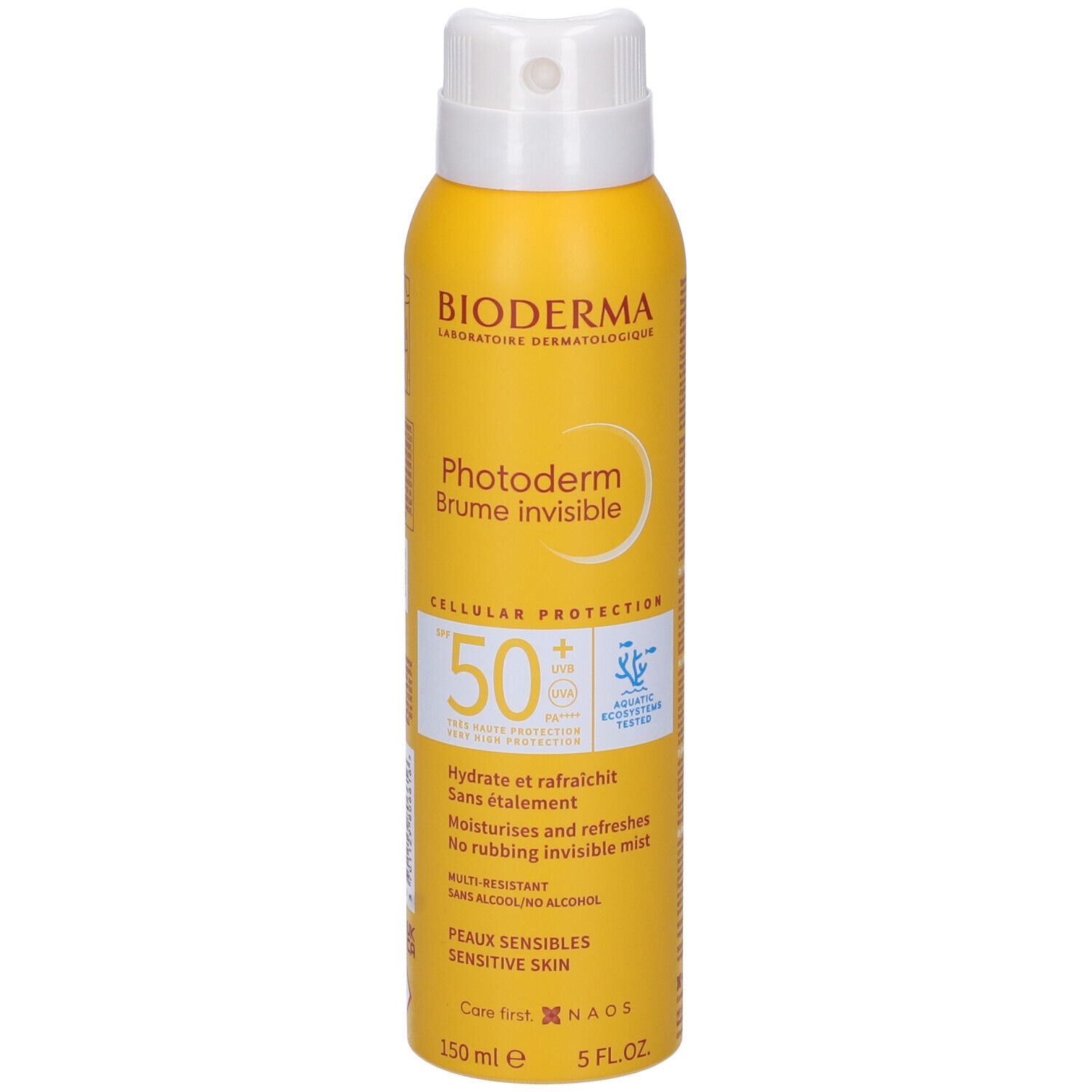 Flacone spray giallo con erogatore bianco. Scritta: Bioderma, Photoderm Brume invisible SPF 50+. Contiene 150 ml.