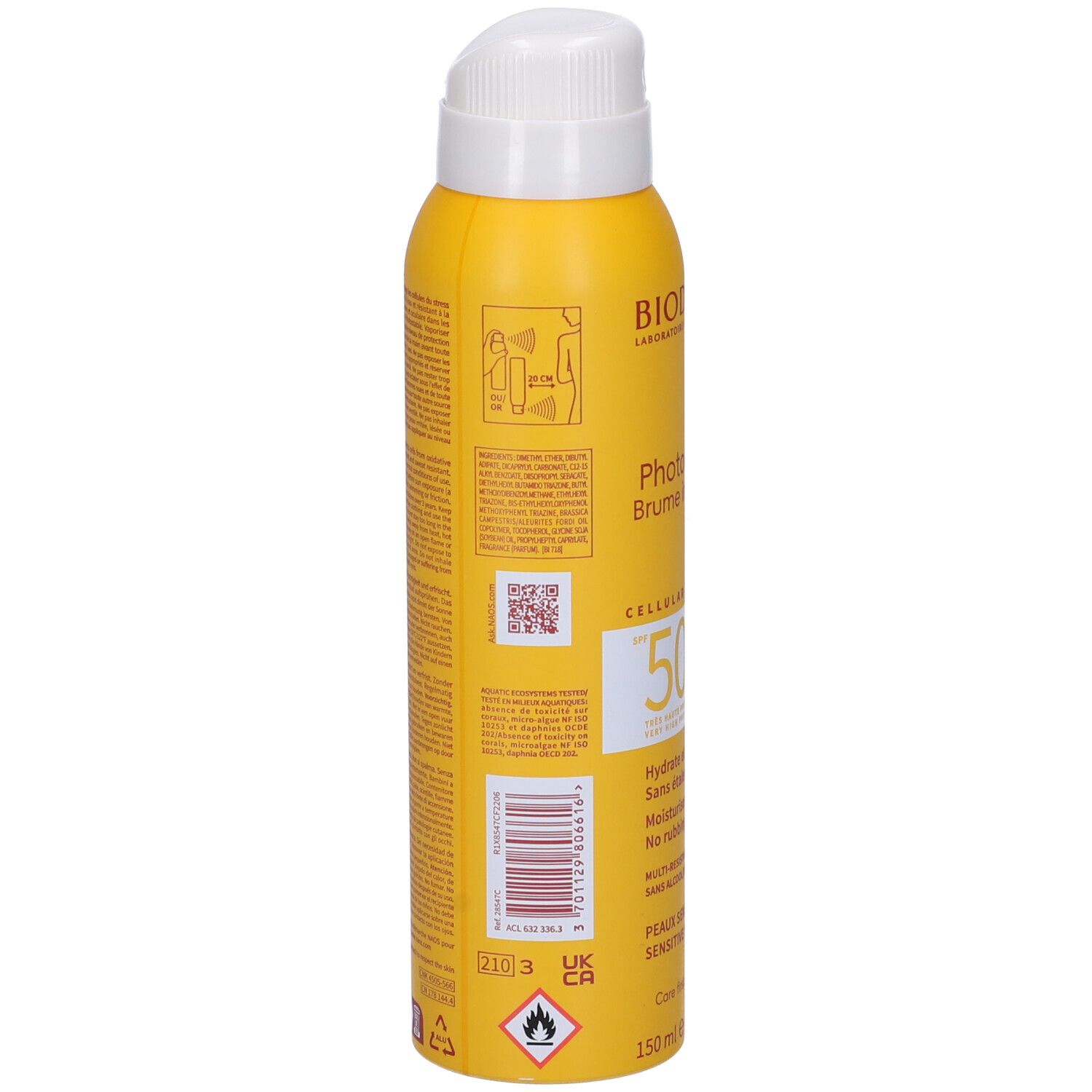 Retro del flacone spray giallo. Scritte e codice a barre. Contiene 150 ml. Avvertenza: Infiammabile.