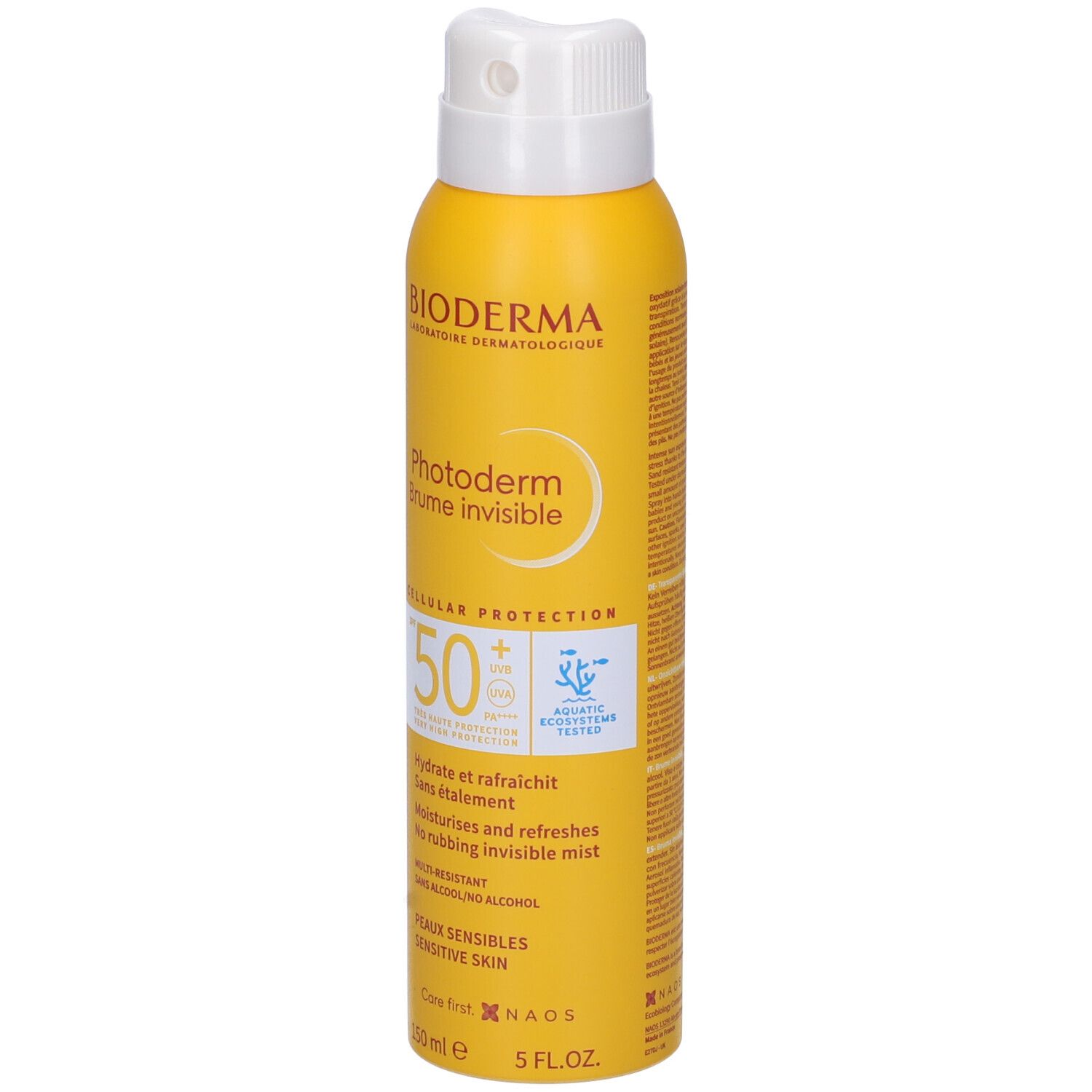 Flacone spray giallo con erogatore bianco. Scritta: Bioderma, Photoderm Brume invisible SPF 50+. Contiene 150 ml.
