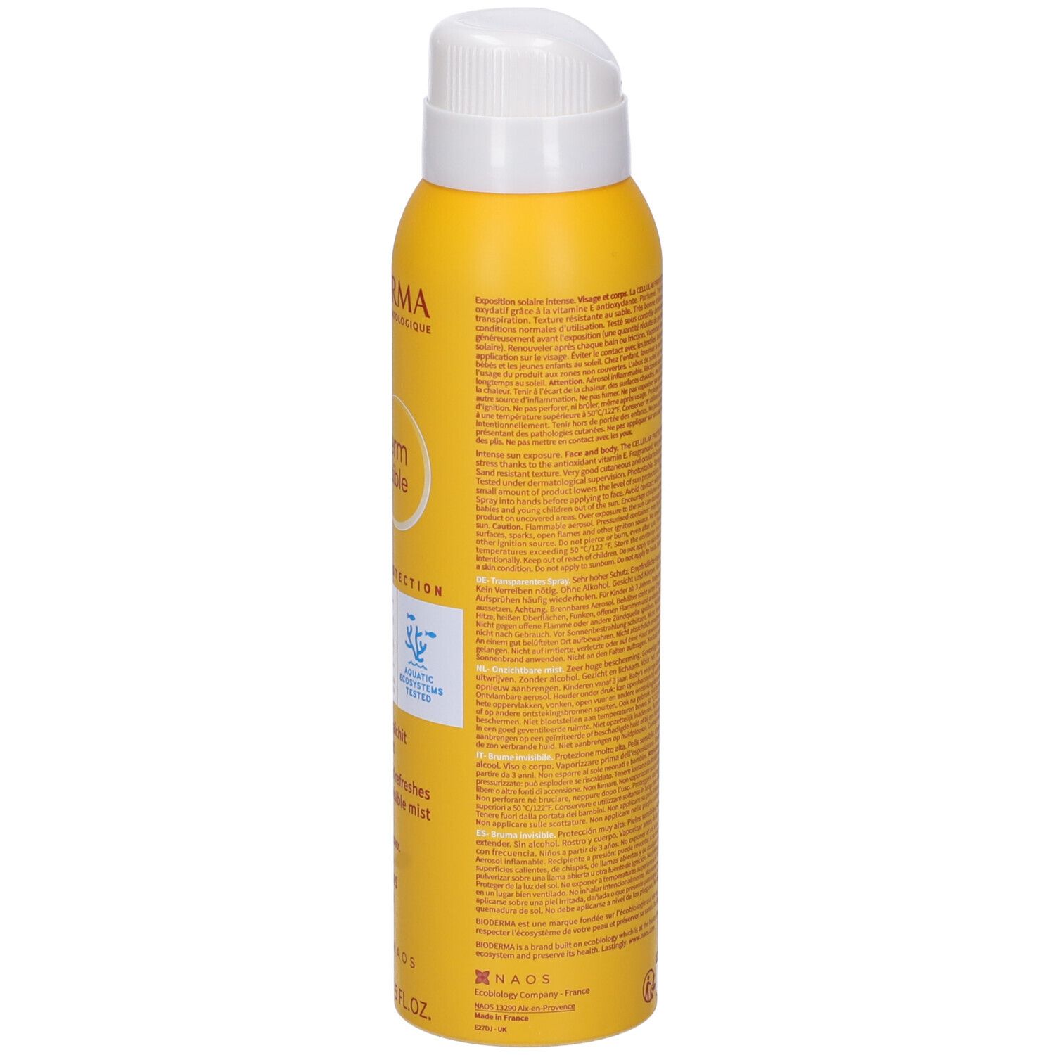 Vista laterale del flacone spray giallo. Testo in più lingue. Contiene 150 ml.