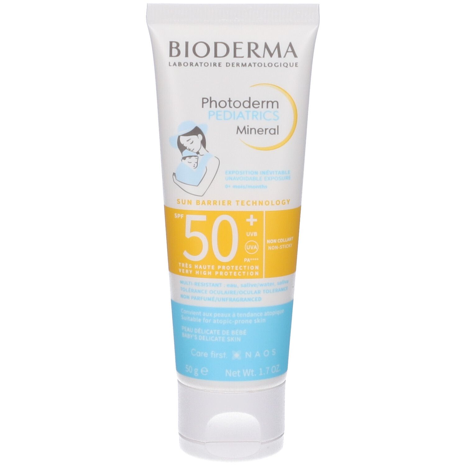 Tubo di crema solare Bioderma Photoderm Pediatrics Mineral. Bianco, accenti gialli e blu. SPF 50+.