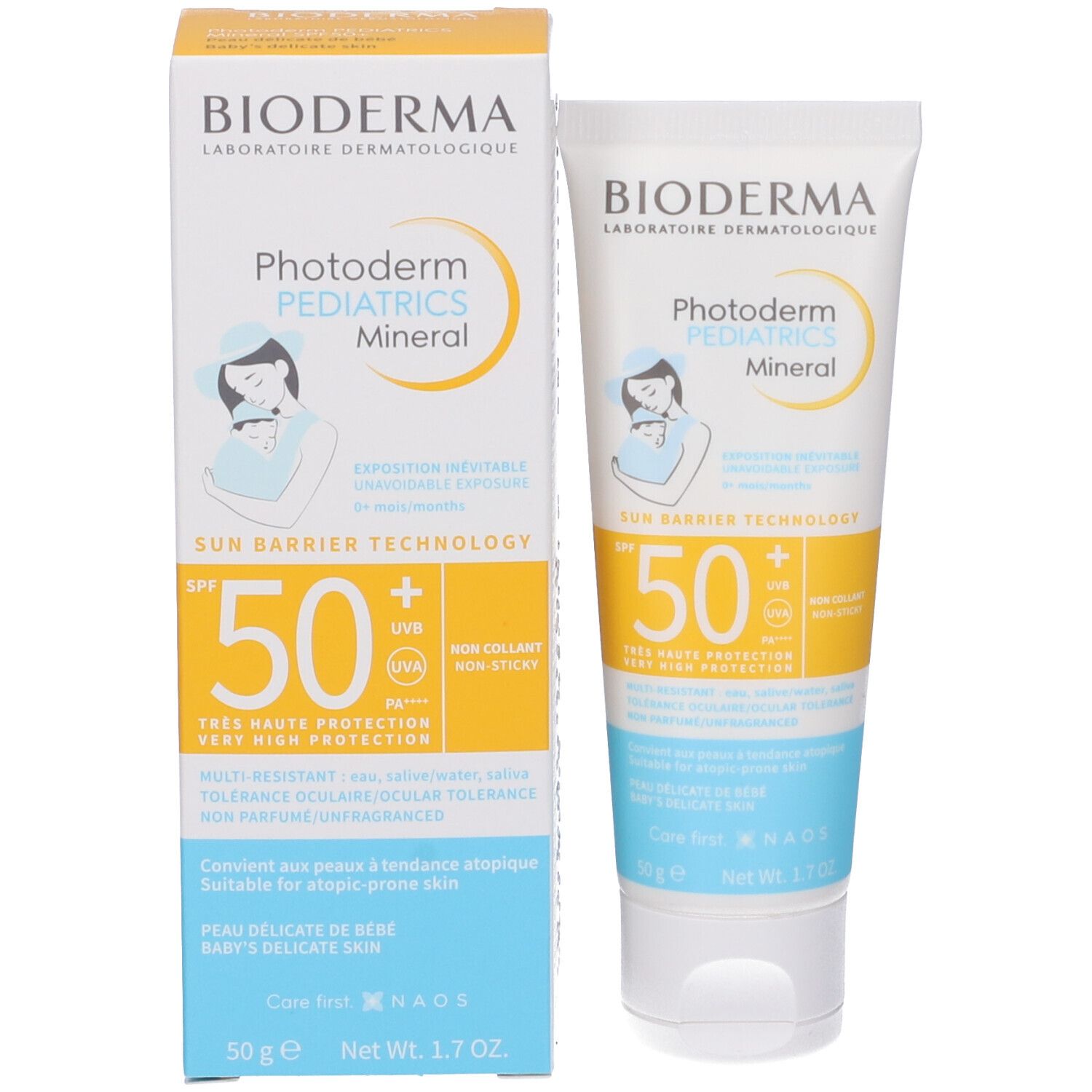 Tubo e confezione di crema solare Bioderma Photoderm Pediatrics Mineral. Bianco, giallo e blu. SPF 50+.