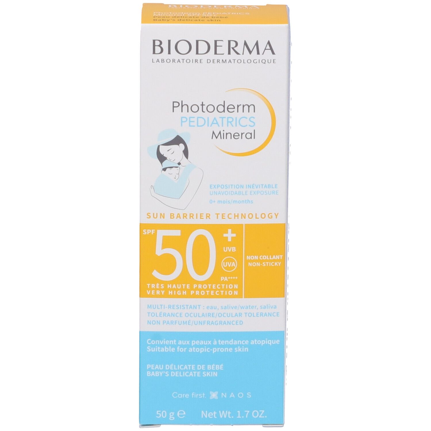 Confezione di crema solare Bioderma Photoderm Pediatrics Mineral. Giallo, blu e bianco. SPF 50+.