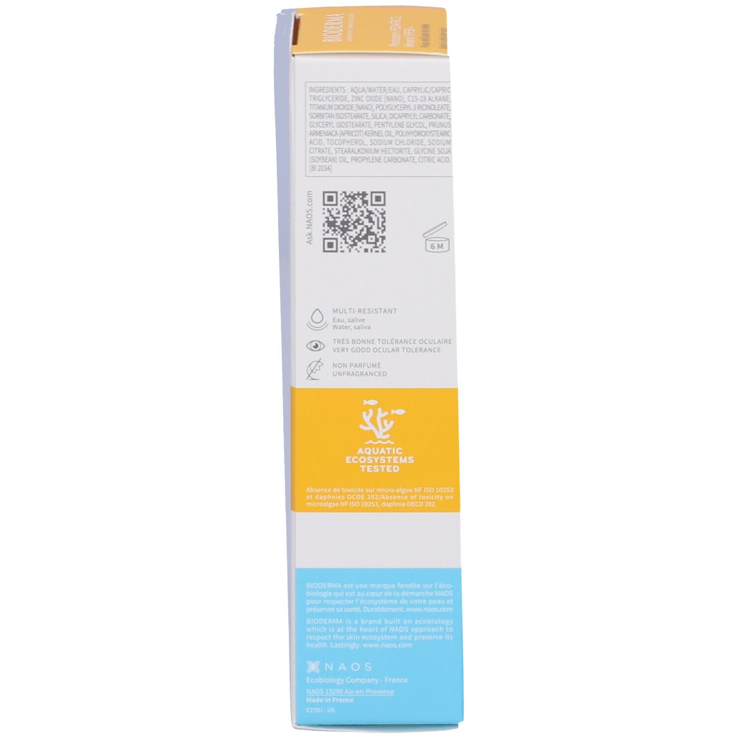 Lato della confezione Bioderma Photoderm Pediatrics Mineral. Testo, codice QR e simboli.