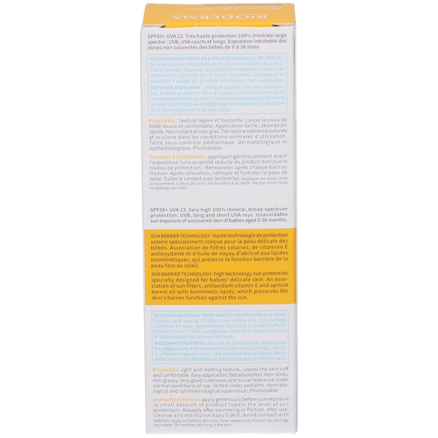Retro della confezione Bioderma Photoderm Pediatrics Mineral. Testo multilingue.