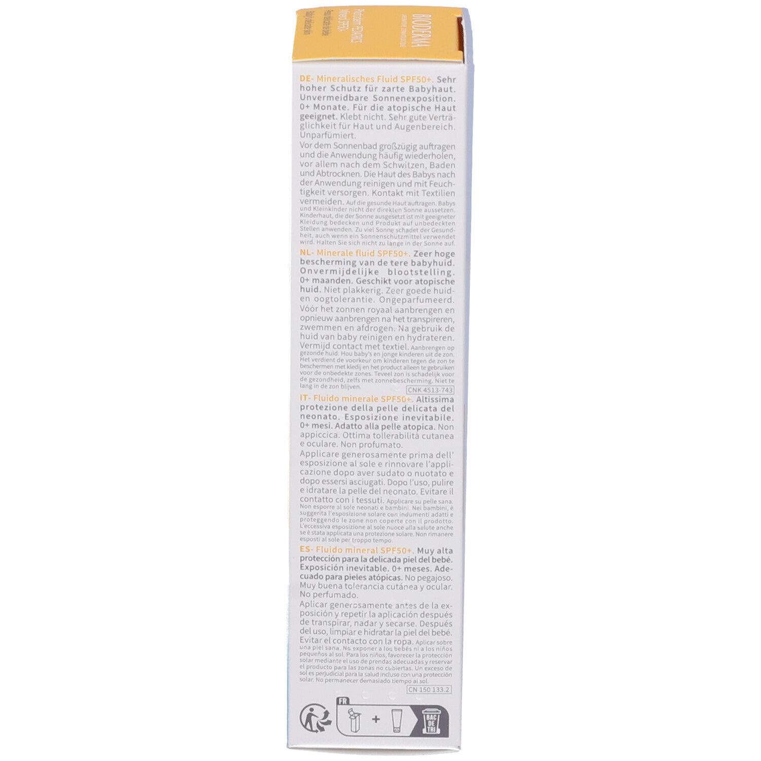 Lato della confezione Bioderma Photoderm Pediatrics Mineral. Testo e simboli.