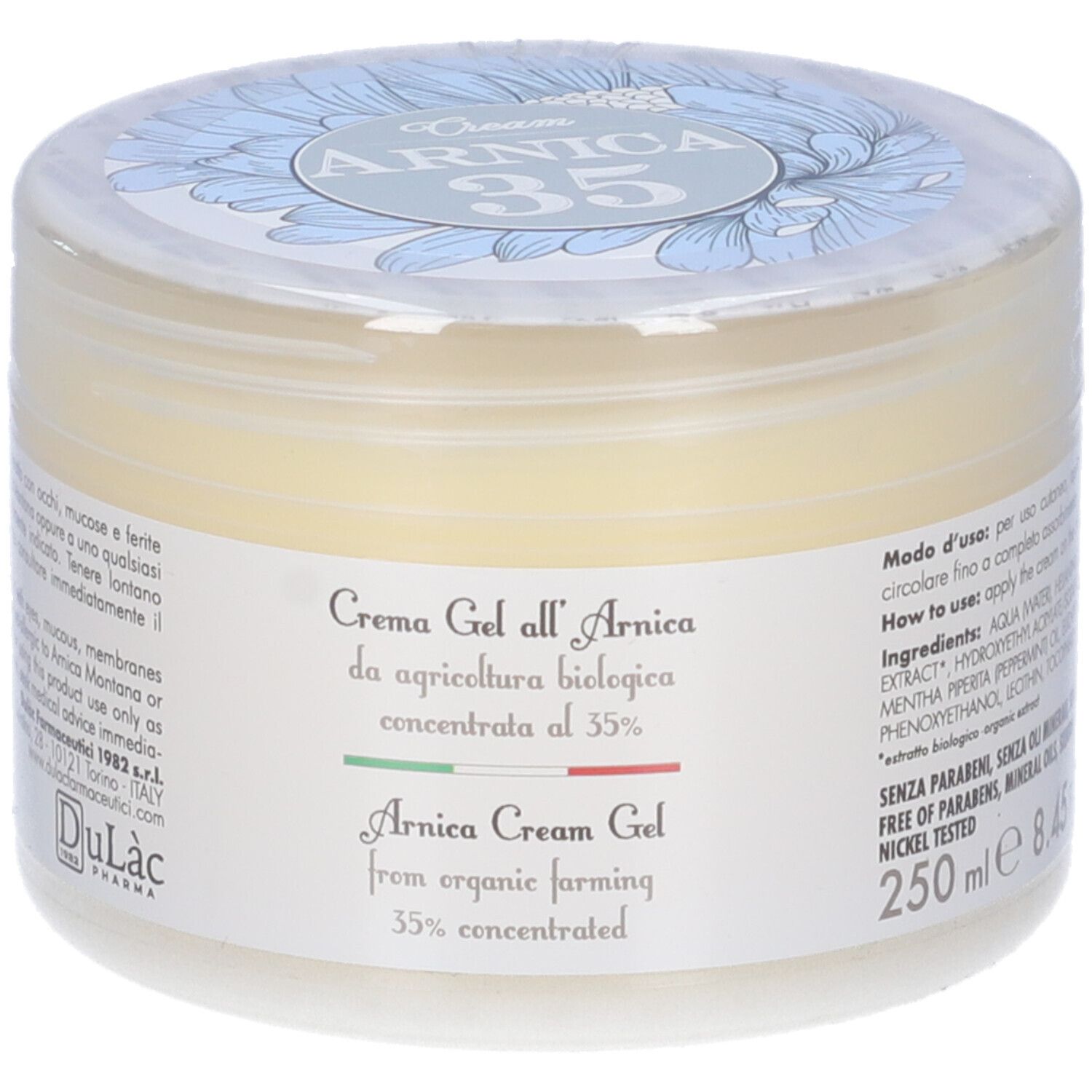 Crema Gel all'Arnica in contenitore trasparente. Scritta Arnica 35%. Etichetta con informazioni e logo del prodotto.