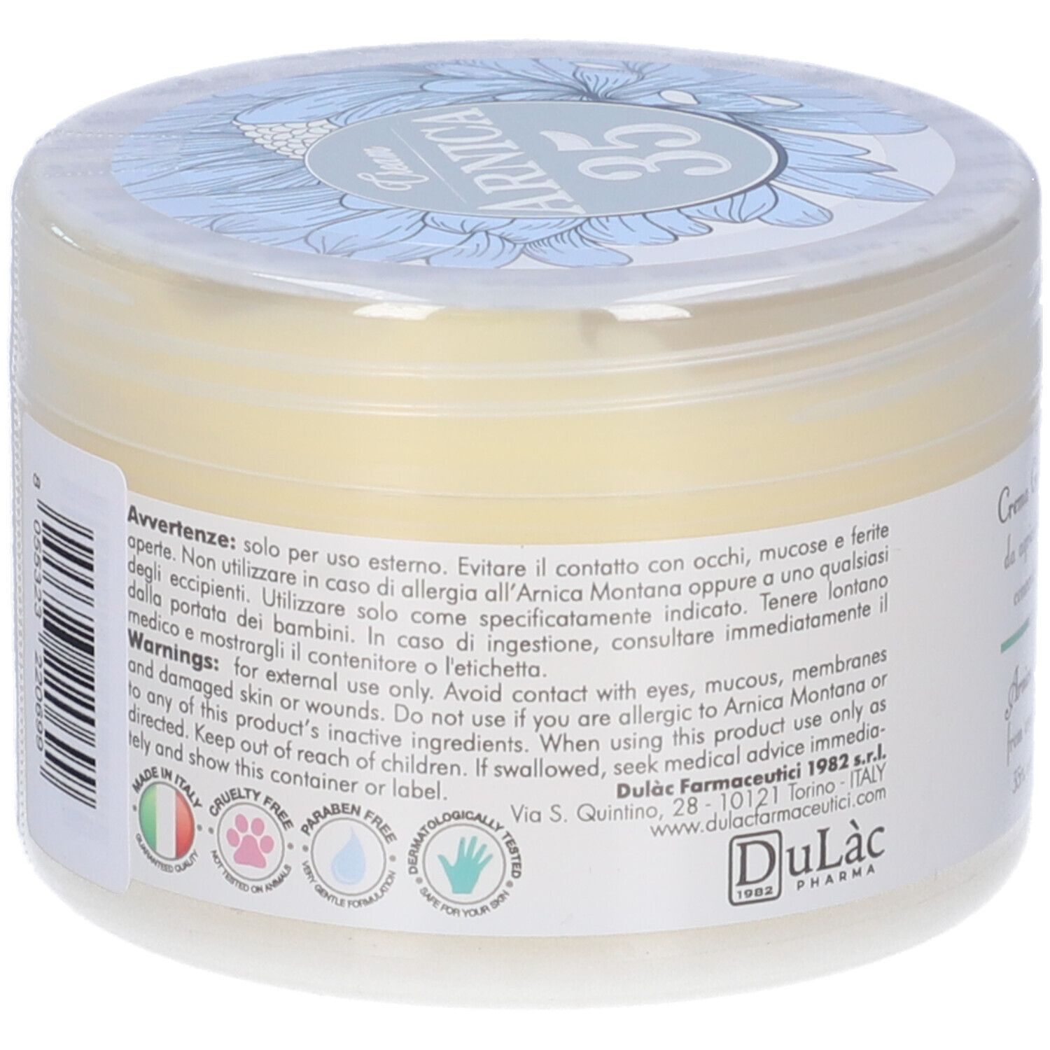 Contenitore rotondo trasparente di Crema Gel all'Arnica. Retro con avvertenze, certificazioni e logo.