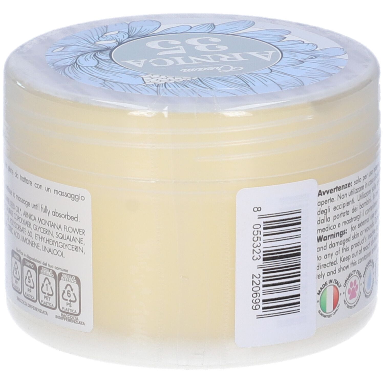 Contenitore trasparente di Crema Gel all'Arnica. Codice a barre e informazioni sul lato. Nome del prodotto non visibile.