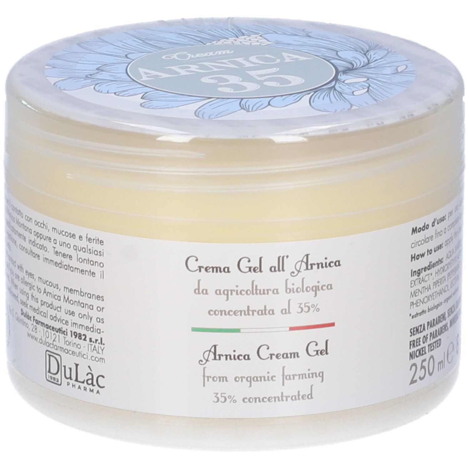 Crema Gel all'Arnica in contenitore trasparente. Scritta Arnica 35%. Etichetta con informazioni e logo del prodotto.