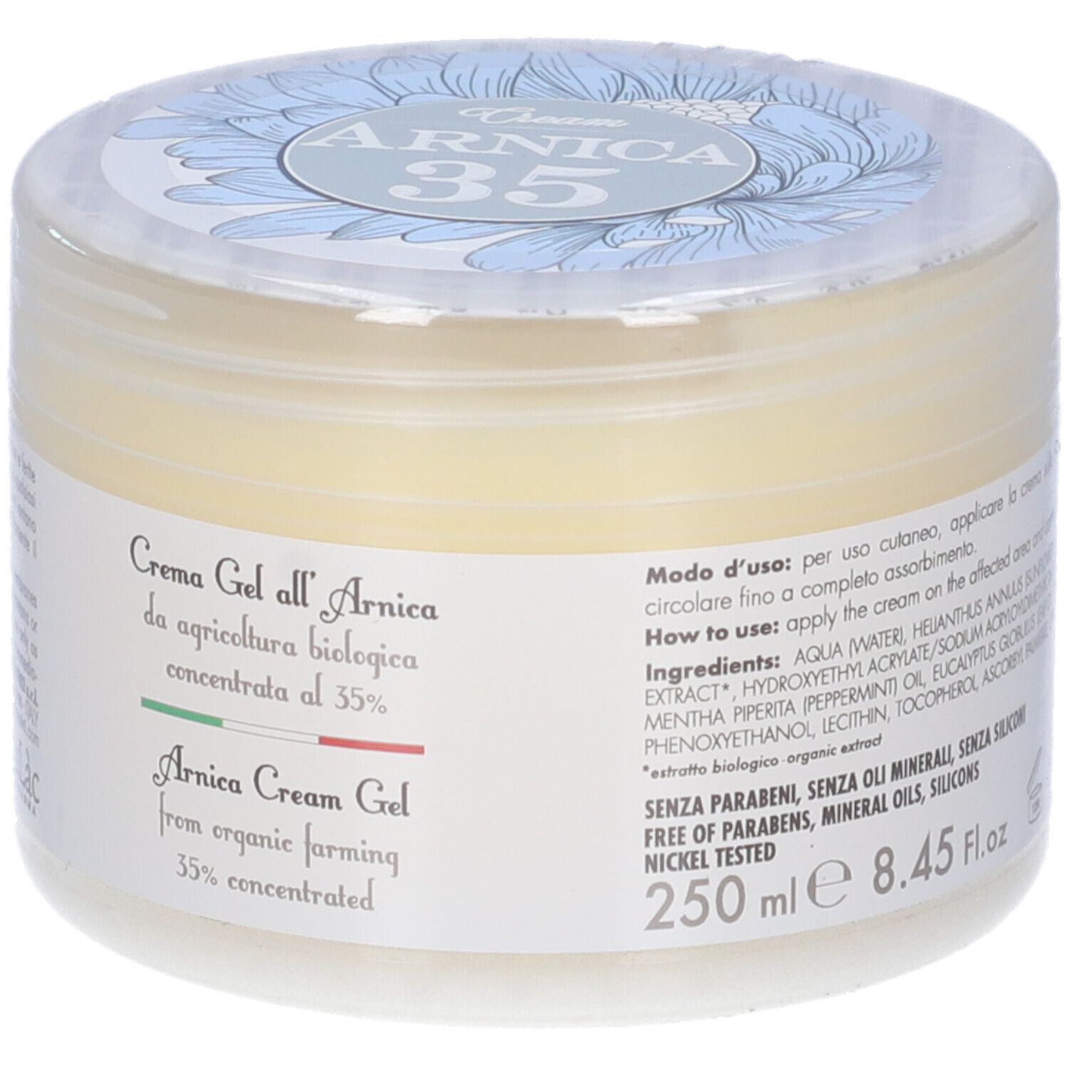 Contenitore trasparente di Crema Gel all'Arnica. Etichetta con ingredienti, volume e logo.