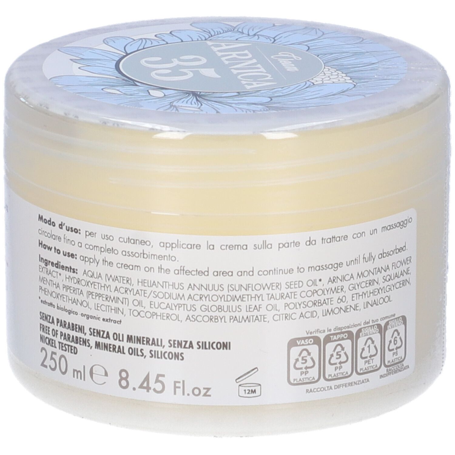Contenitore trasparente di Crema Gel all'Arnica. Etichetta con modo d'uso, ingredienti, volume e logo.