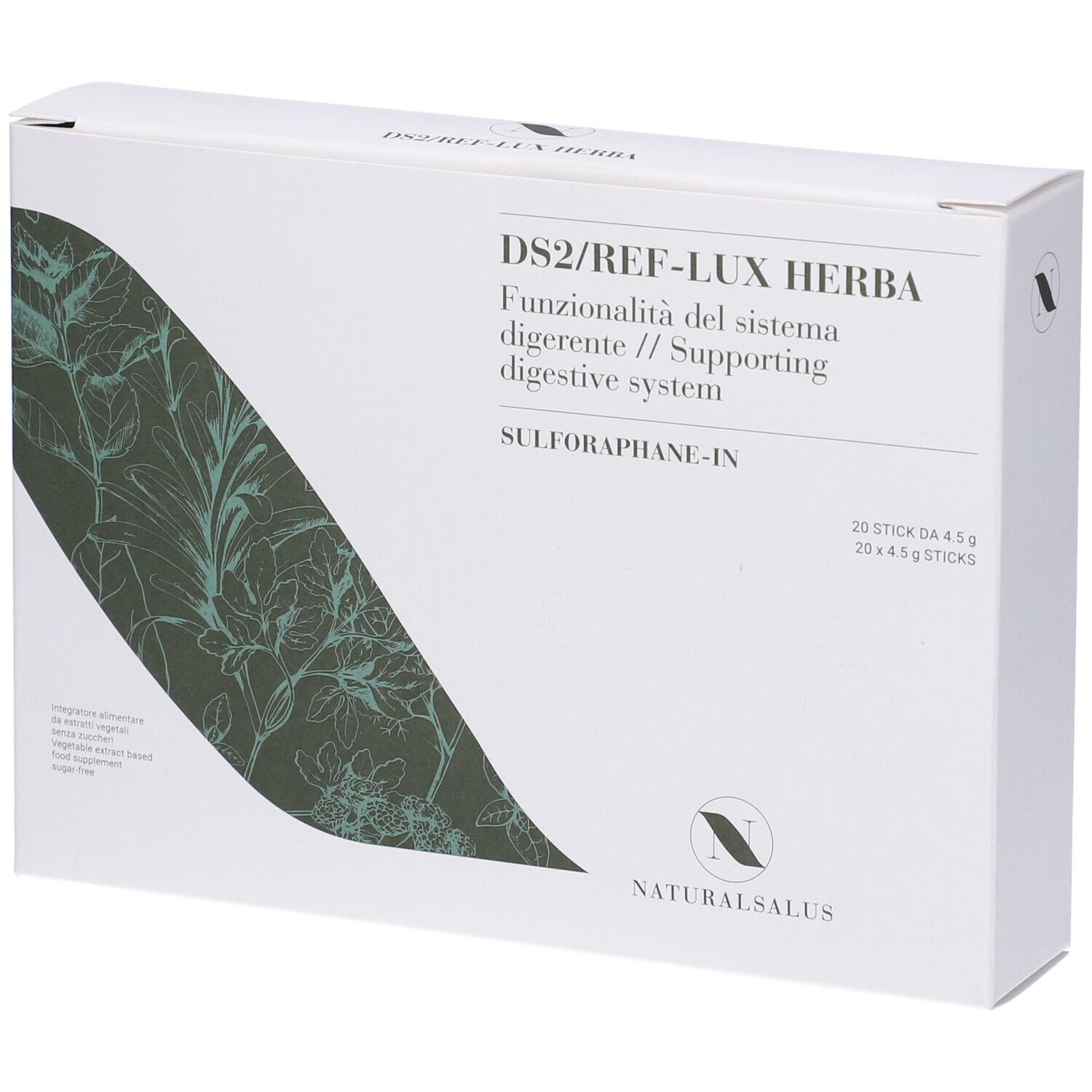 Scatola bianca con nome prodotto e motivo floreale. Testo: DS2/REF-LUX HERBA, logo Naturalsalus.