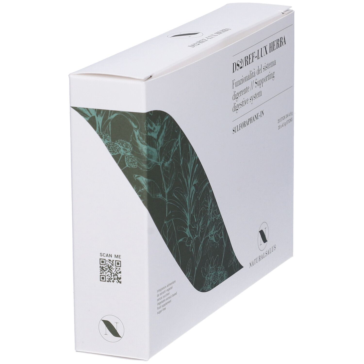 Scatola in prospettiva. Testo: DS2/REF-LUX HERBA, logo Naturalsalus, codice QR. Motivo floreale.