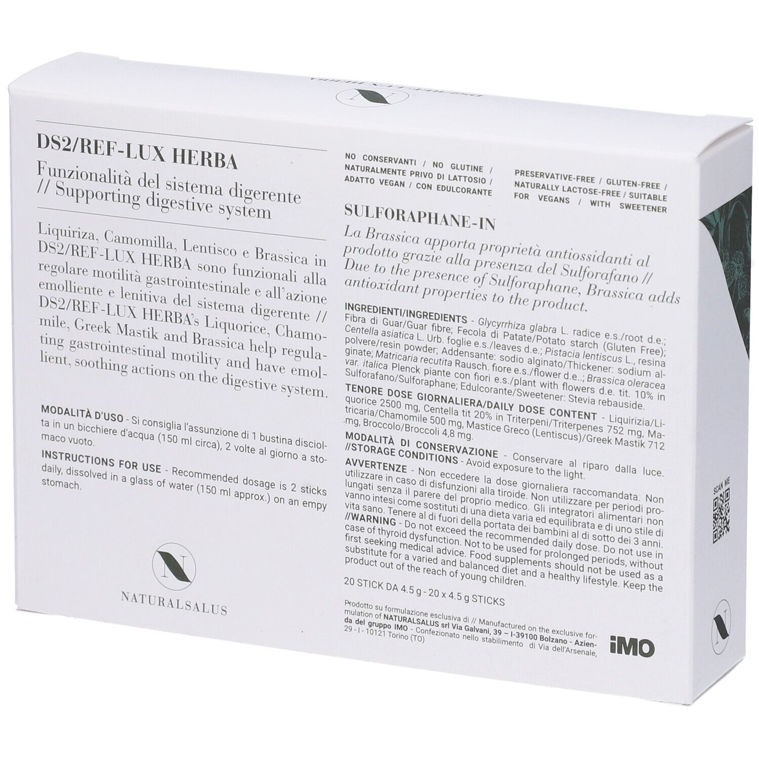 Scatola bianca con testo. Nome prodotto: DS2/REF-LUX HERBA. Ingredienti, istruzioni, logo.