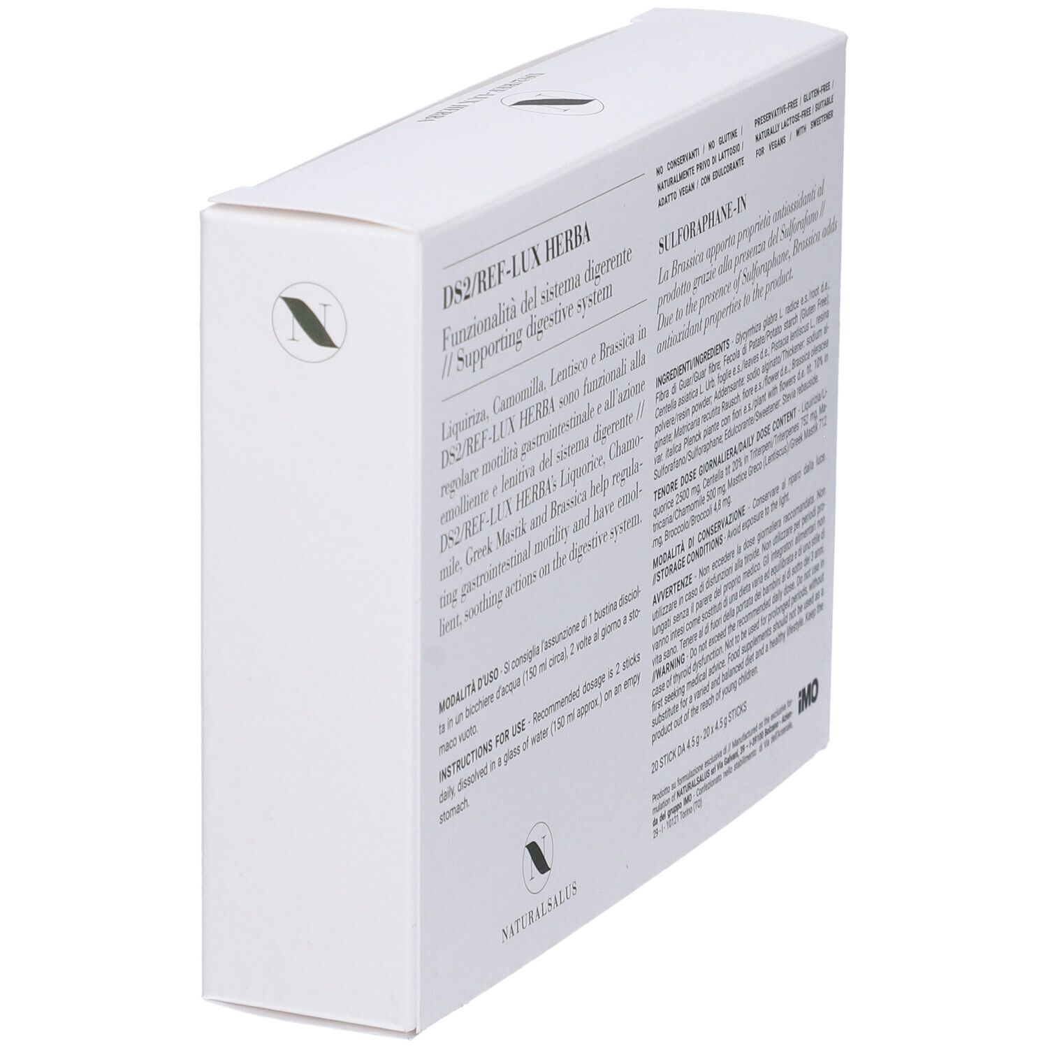 Scatola in prospettiva. Testo: DS2/REF-LUX HERBA, ingredienti, istruzioni, logo.