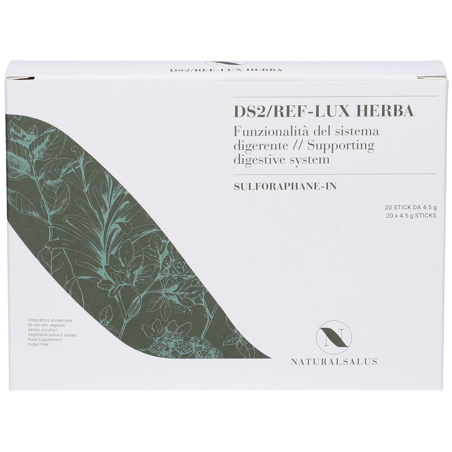 Scatola bianca con nome prodotto e motivo floreale. Testo: DS2/REF-LUX HERBA, logo Naturalsalus.