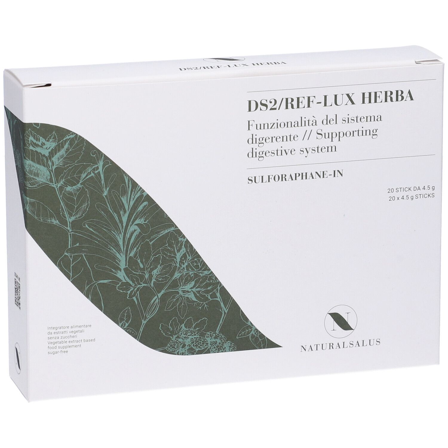 Scatola bianca con nome prodotto e motivo floreale. Testo: DS2/REF-LUX HERBA, logo Naturalsalus.