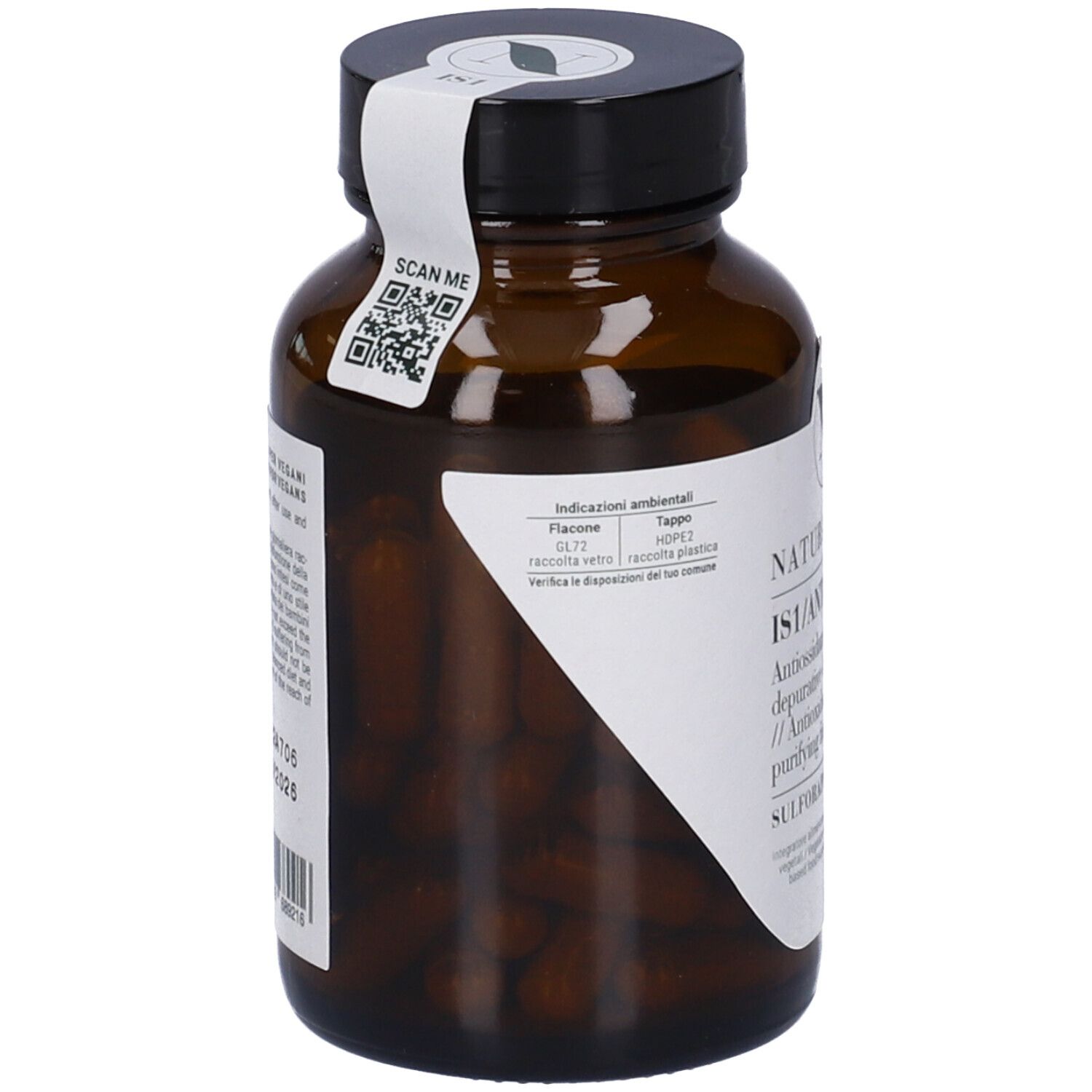 Flacone di vetro marrone con tappo nero. Etichetta con codice QR e informazioni. Capsule visibili.