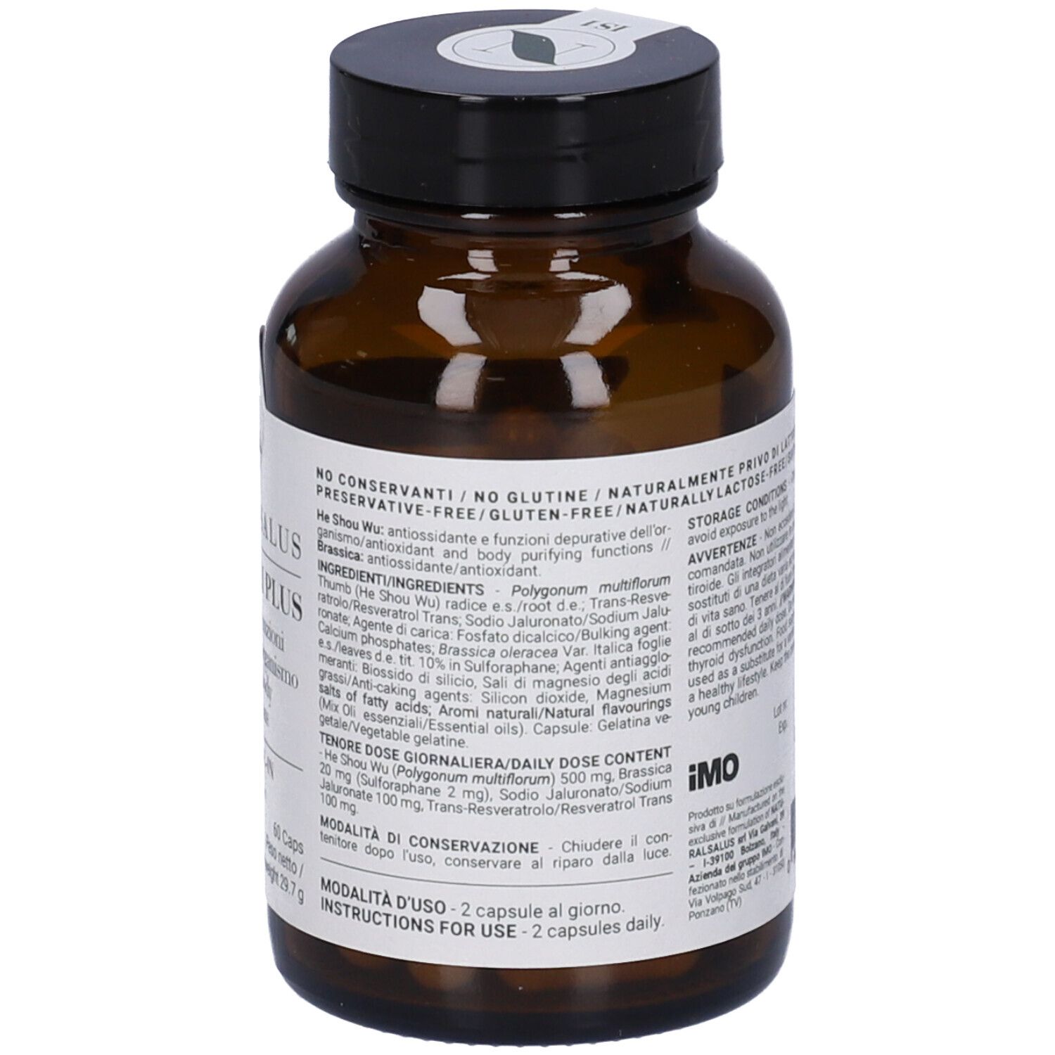 Flacone di vetro marrone con tappo nero. Etichetta con informazioni, ingredienti e dosaggio.