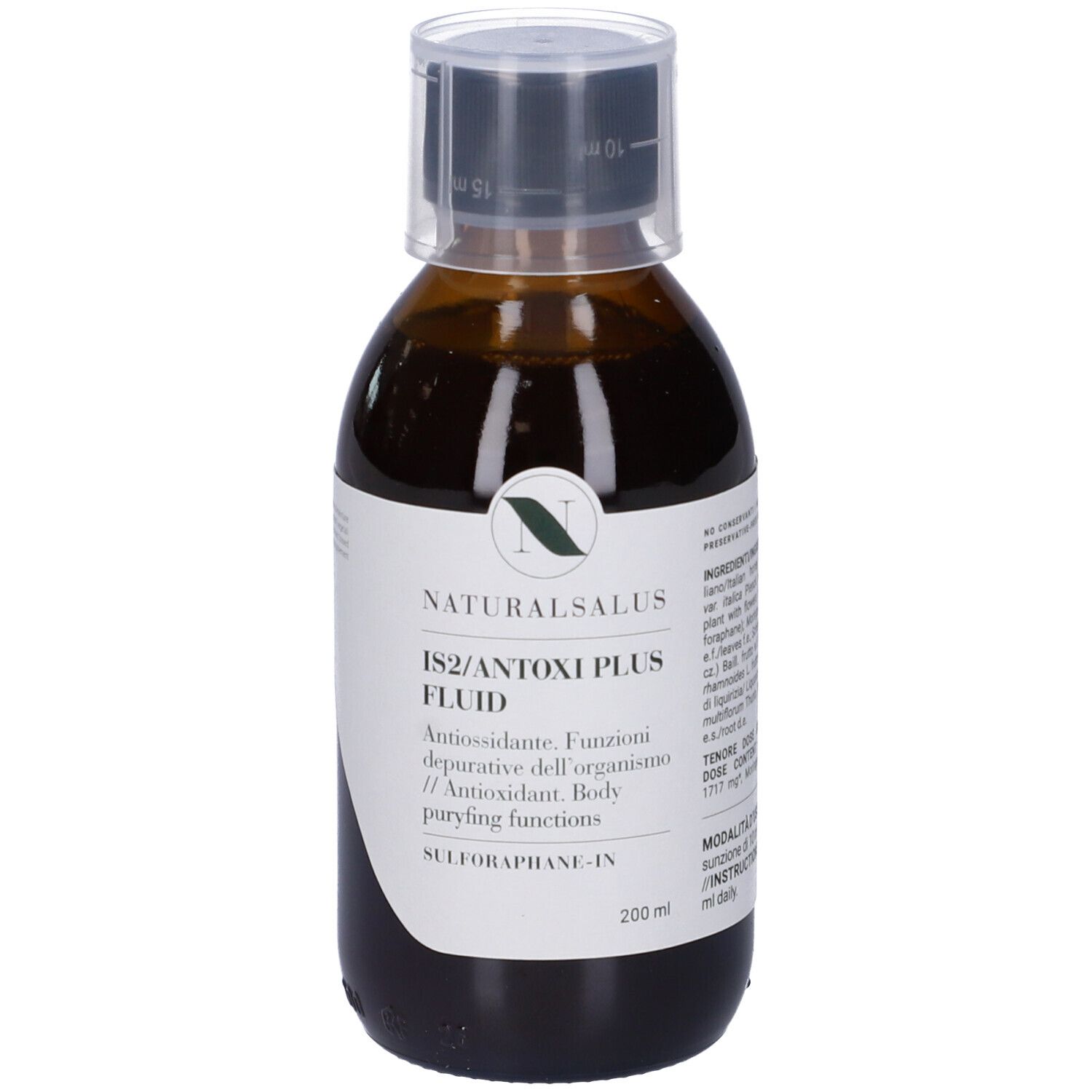 Flacone di vetro marrone con liquido. Etichetta con testo: Naturalsalus IS2/ANTOXI PLUS FLUID. Tappo nero con scala graduata.