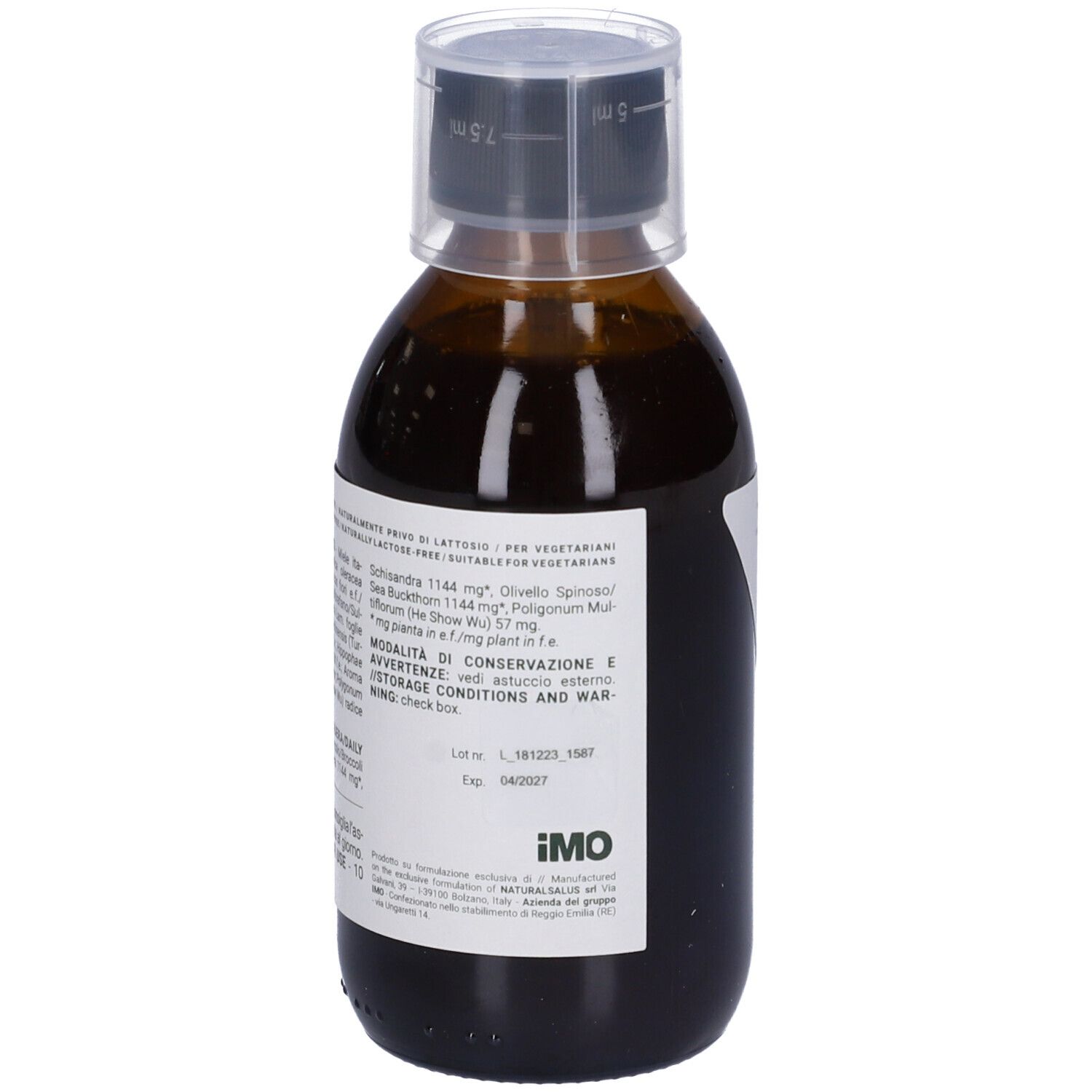 Flacone di vetro marrone con liquido. Etichetta con testo e ingredienti. Tappo nero con scala graduata. Certificazione IMO.