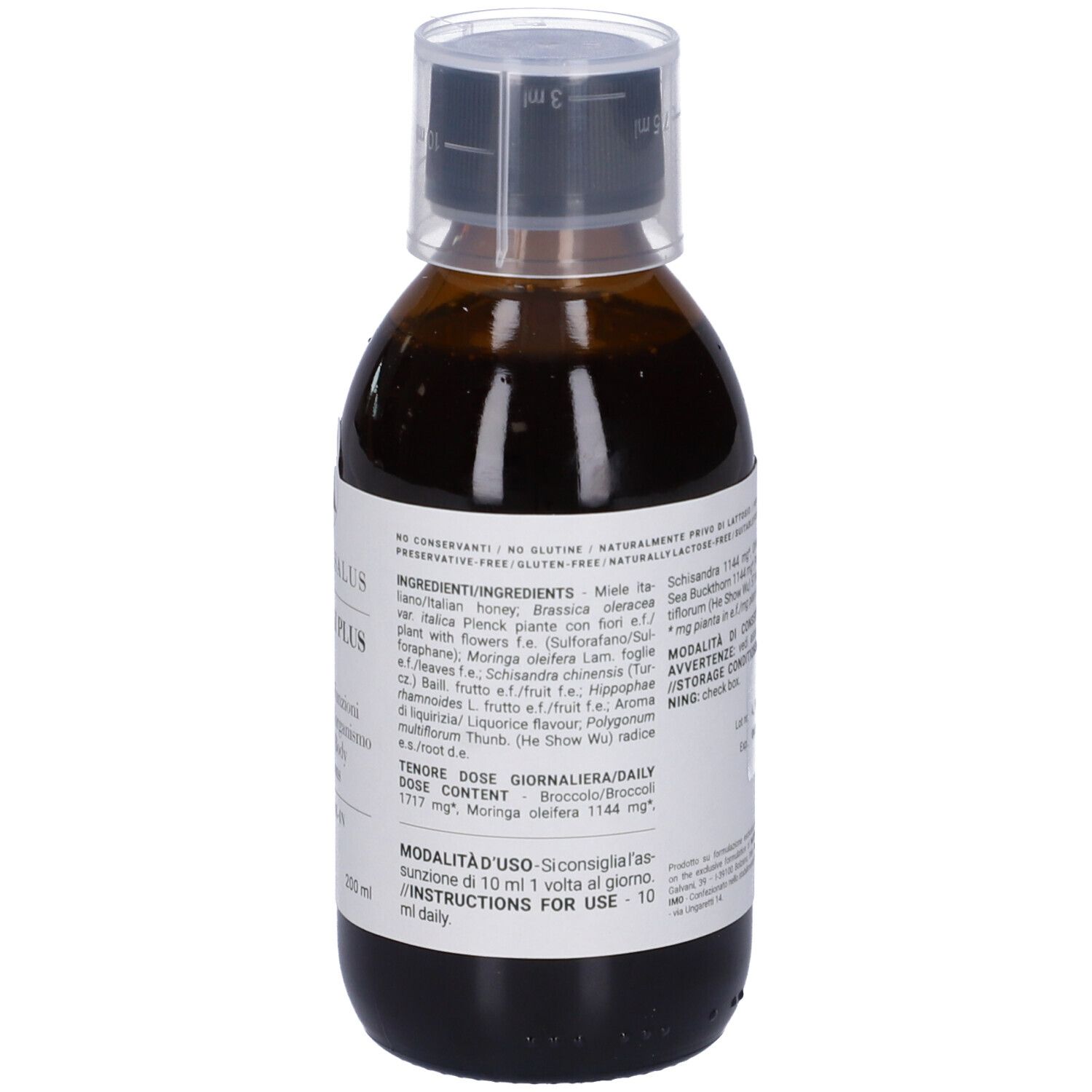 Flacone di vetro marrone con liquido. Etichetta con testo e ingredienti. Tappo nero con scala graduata. 200 ml.