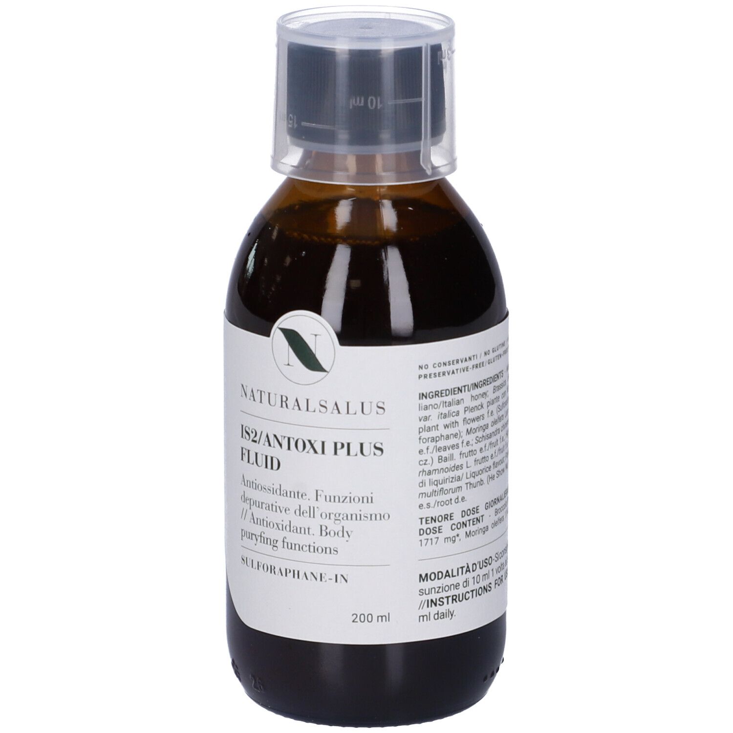 Flacone di vetro marrone con liquido. Etichetta con testo: Naturalsalus IS2/ANTOXI PLUS FLUID. Tappo nero con scala graduata. 200 ml.