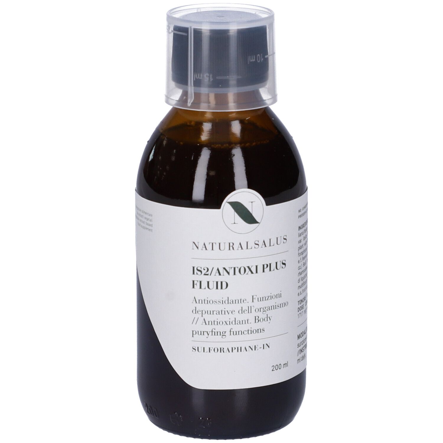 Flacone di vetro marrone con liquido. Etichetta con testo: Naturalsalus IS2/ANTOXI PLUS FLUID. Tappo nero con scala graduata. 200 ml.