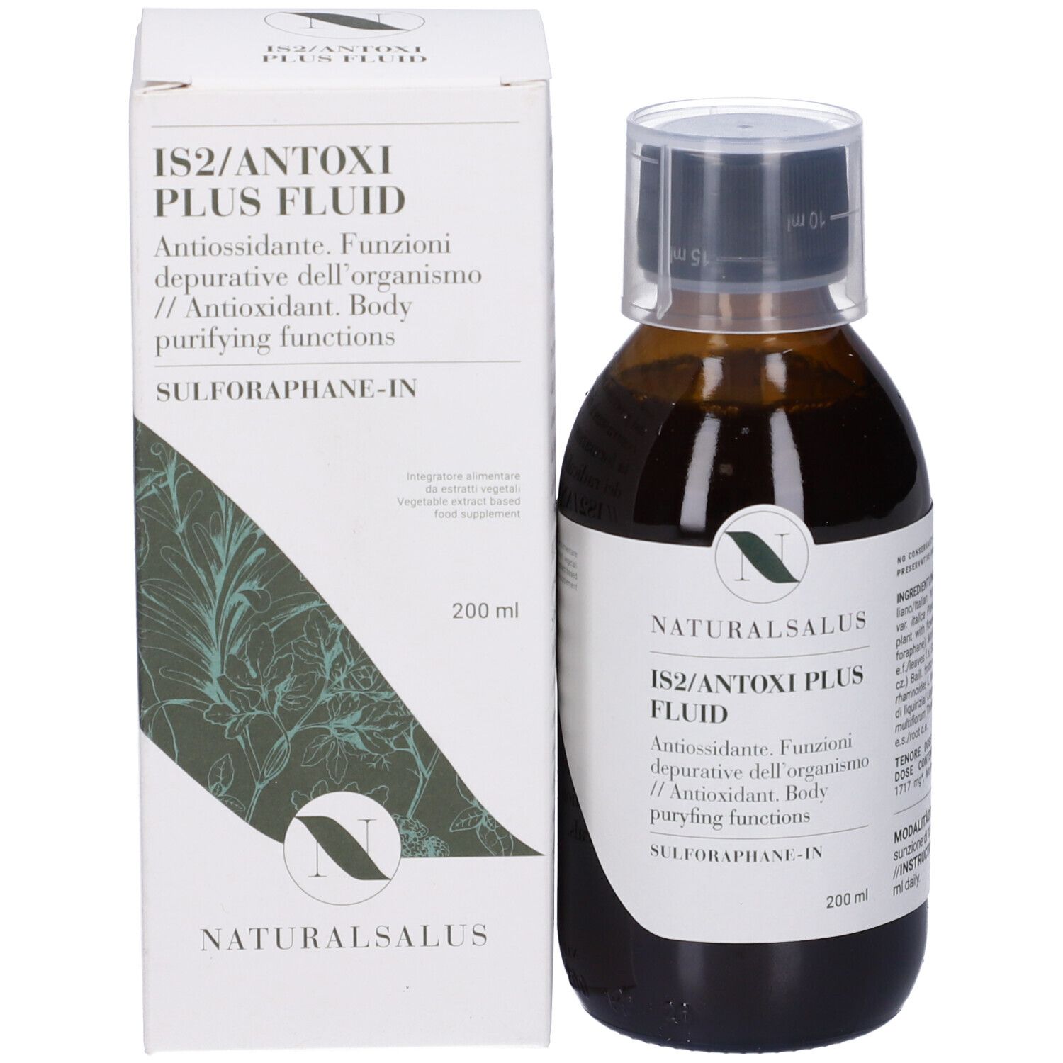 Confezione e flacone del prodotto. Confezione con testo: IS2/ANTOXI PLUS FLUID. Flacone marrone con liquido. 200 ml.