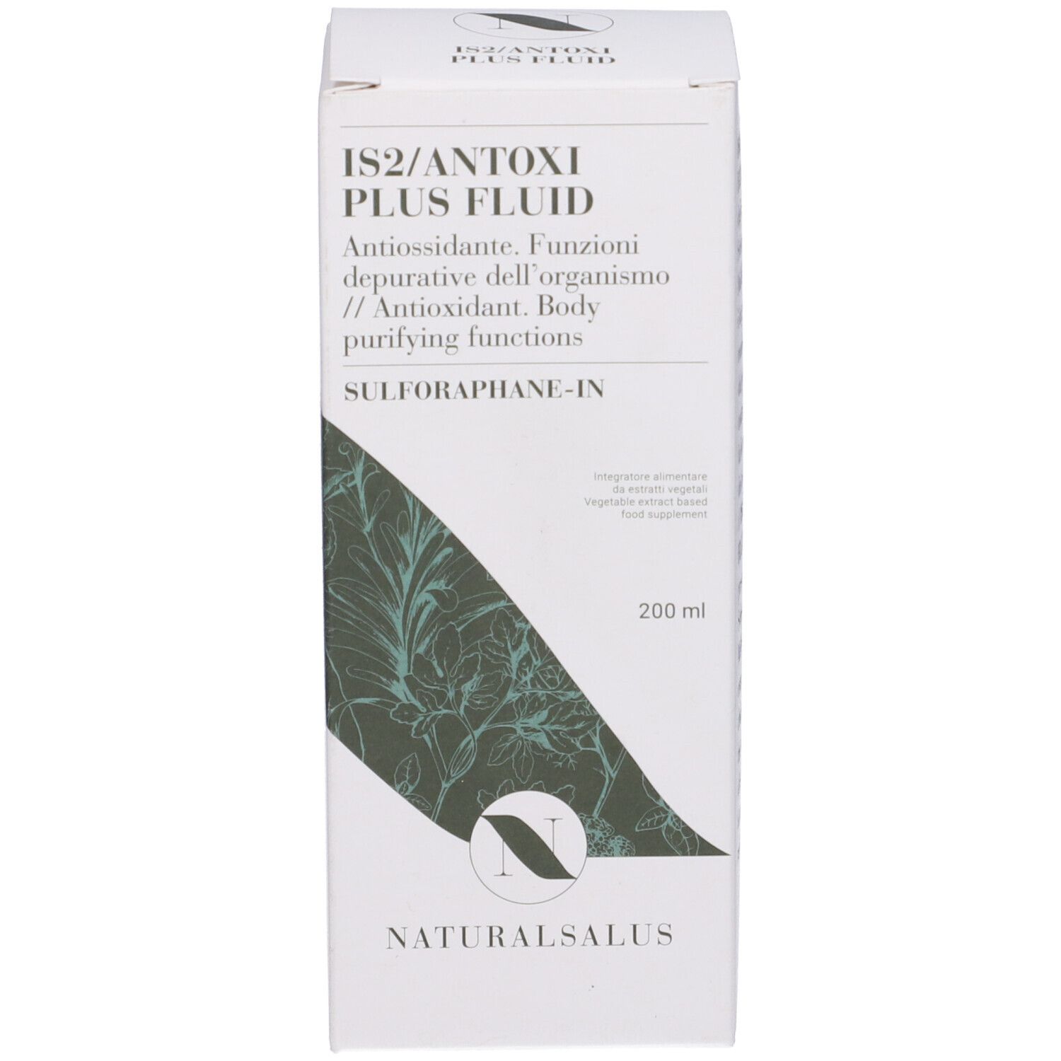 Confezione del prodotto. Confezione con testo: IS2/ANTOXI PLUS FLUID. 200 ml. Logo Naturalsalus.