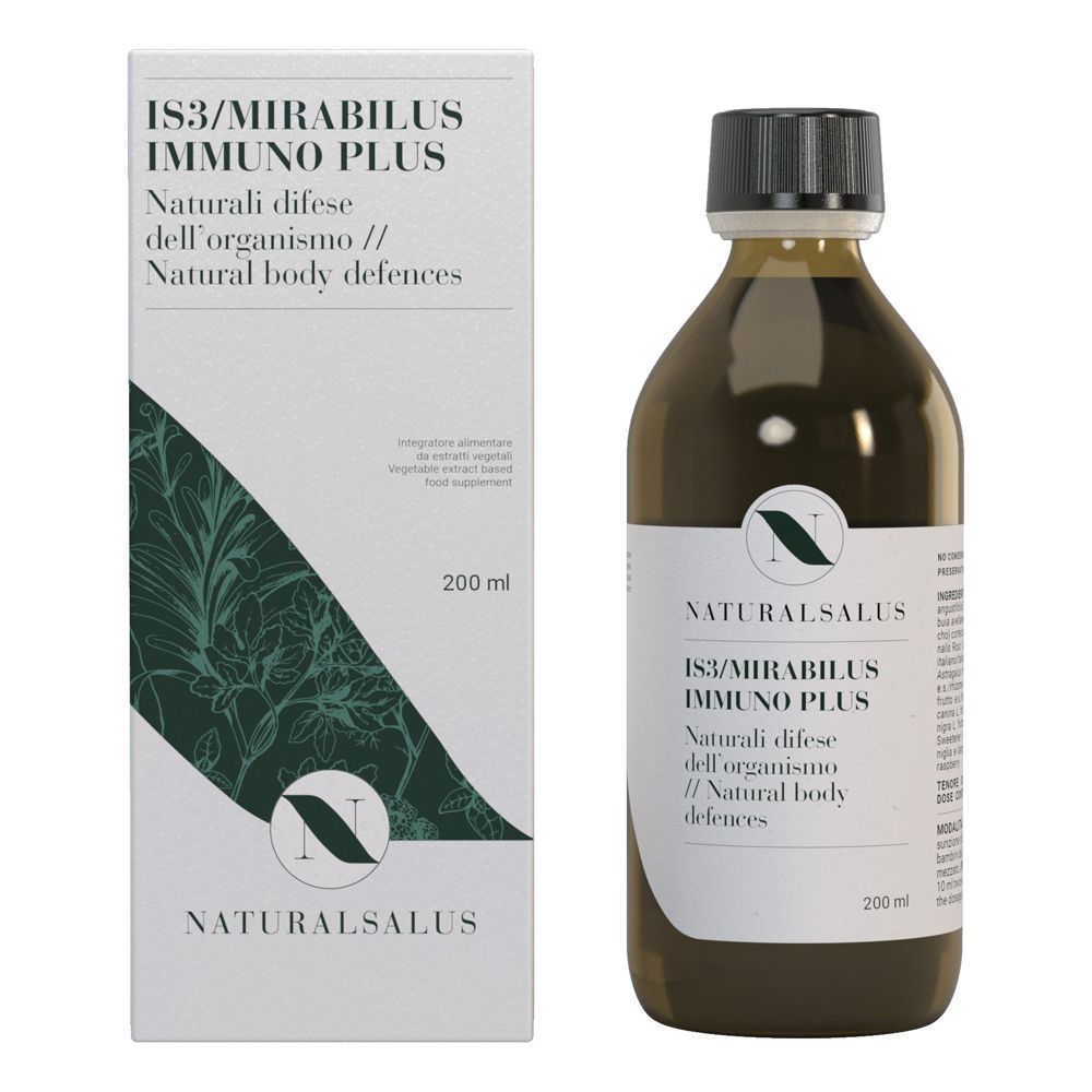 Liquido marrone in bottiglia con etichetta. L'etichetta indica: Naturalsalus IS3/Mirabilus Immuno Plus. Con confezione.