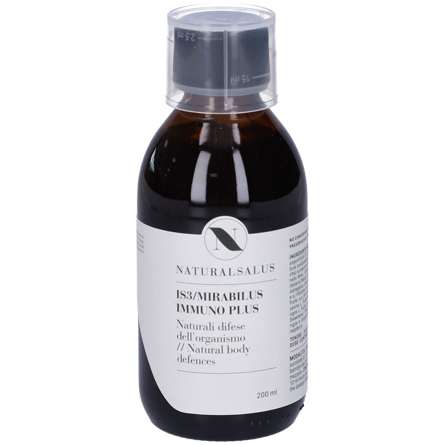 Liquido marrone in bottiglia con etichetta. L'etichetta indica: Naturalsalus IS3/Mirabilus Immuno Plus. Con tappo dosatore.